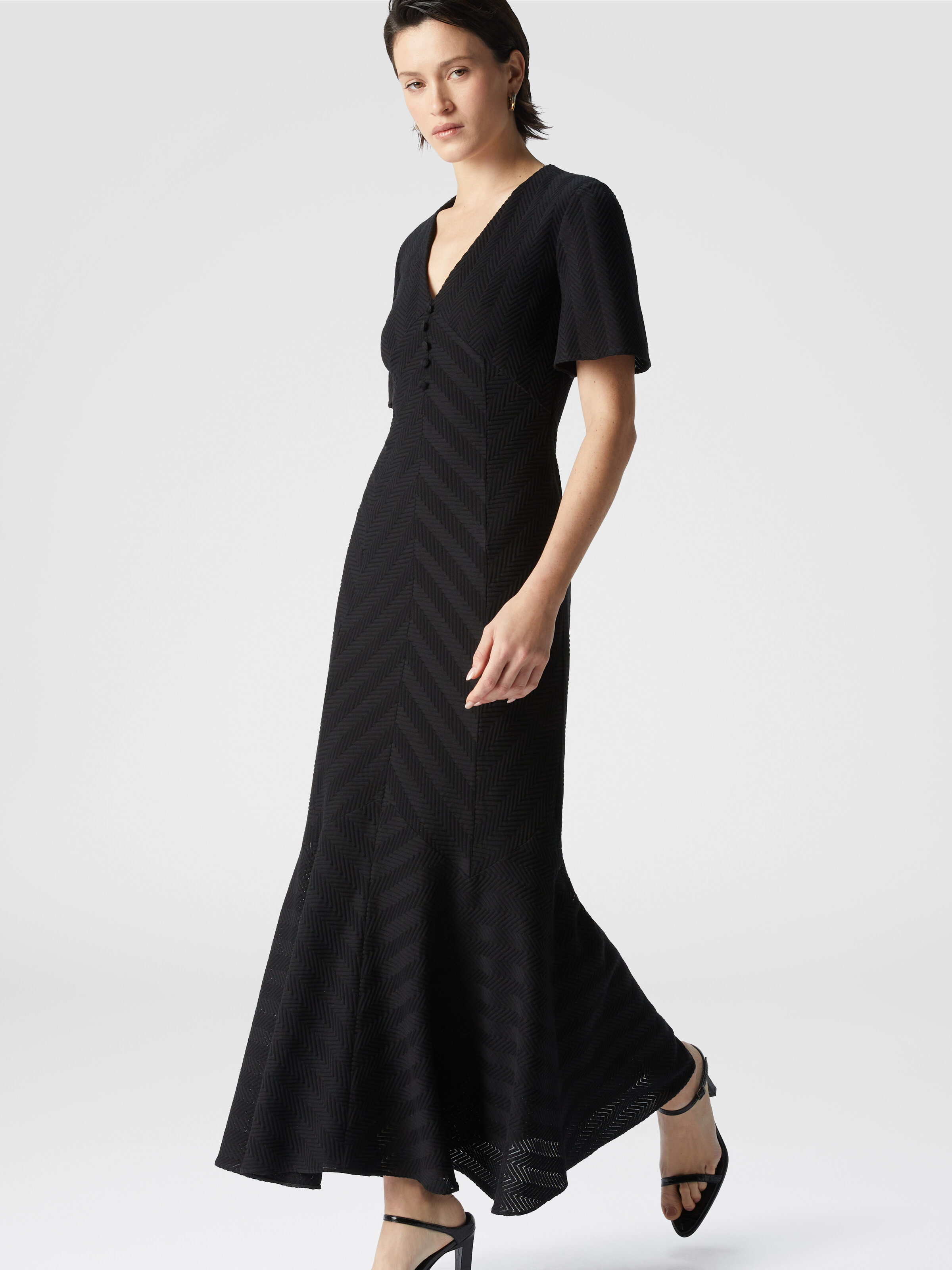 Long dress in cotton and zigzag viscose with flared hem, Black - 3