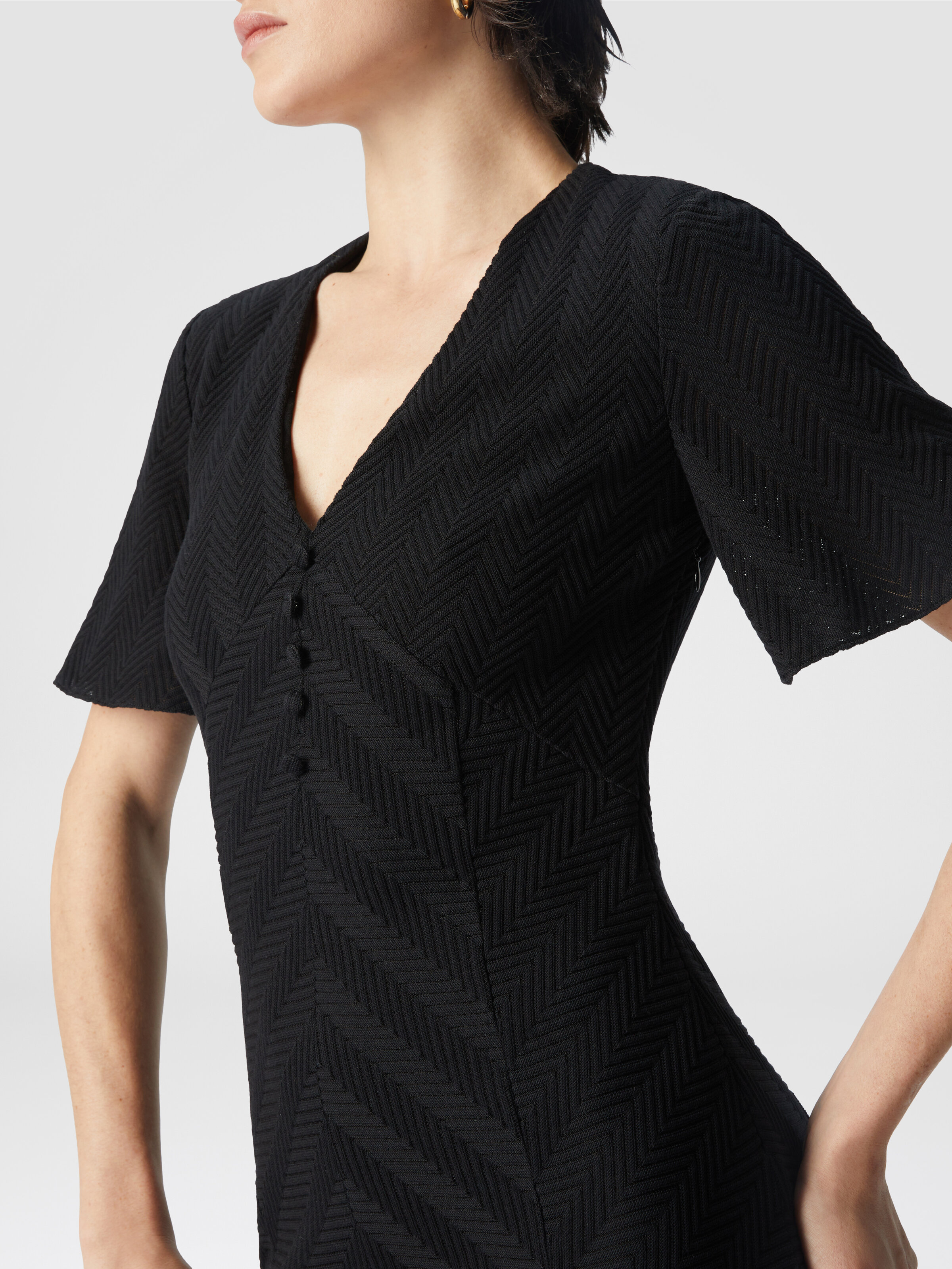 Long dress in cotton and zigzag viscose with flared hem, Black - 4