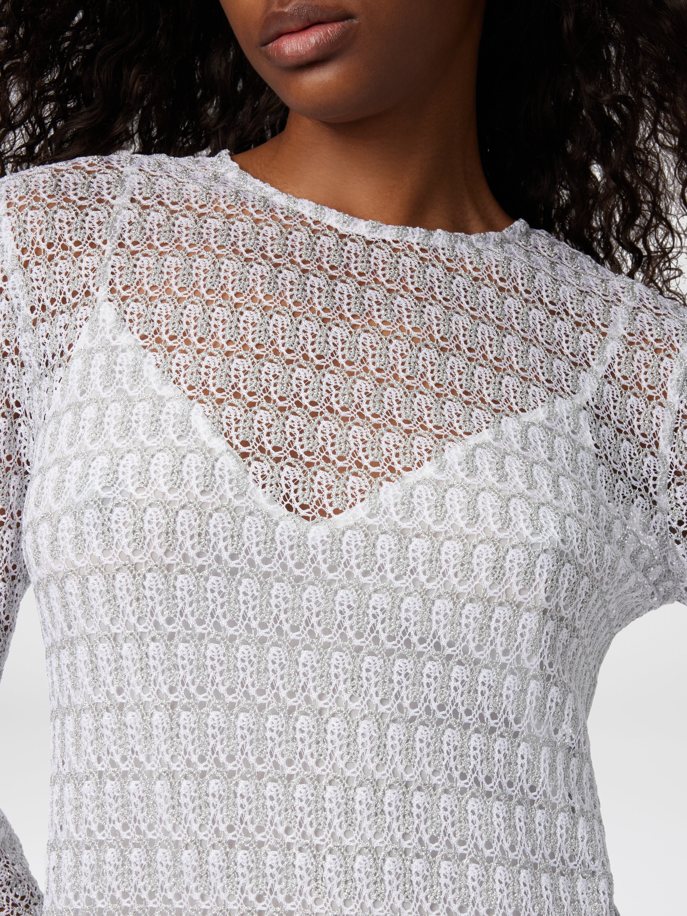 Mini-robe ras du cou en viscose motif dentelle, Argent - 3