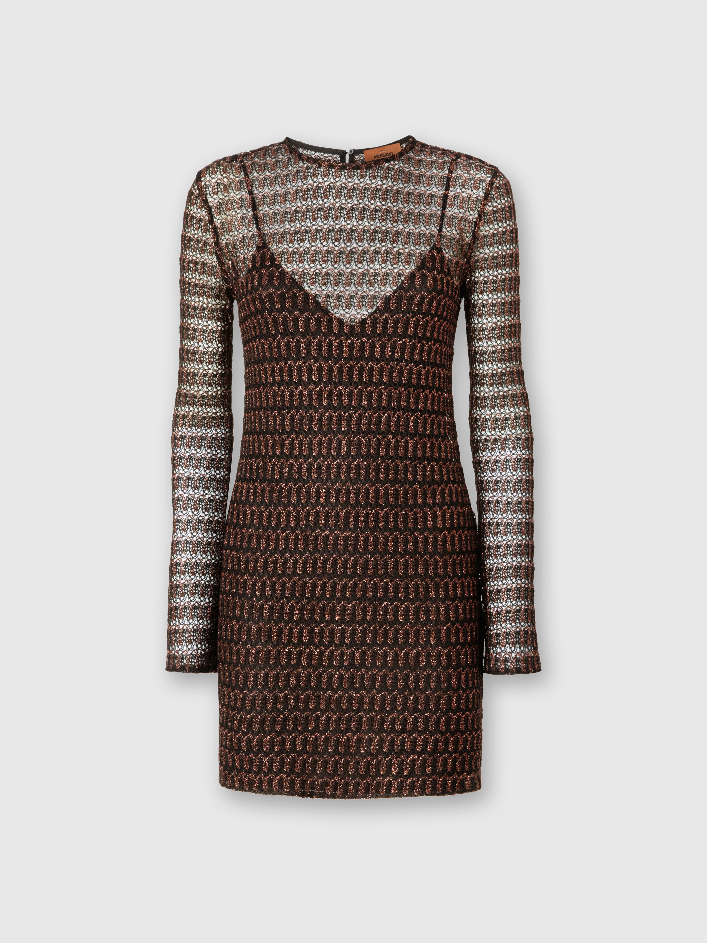 Lace motif viscose crewneck mini-dress, Rust & Black - 0