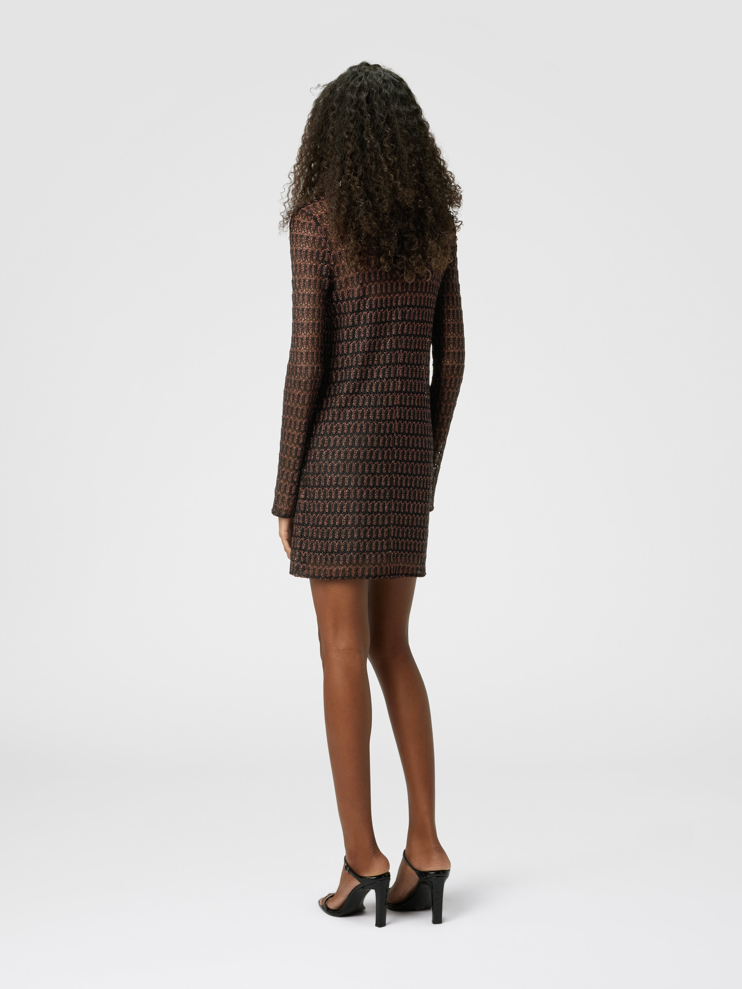Lace motif viscose crewneck mini-dress, Rust & Black - 2
