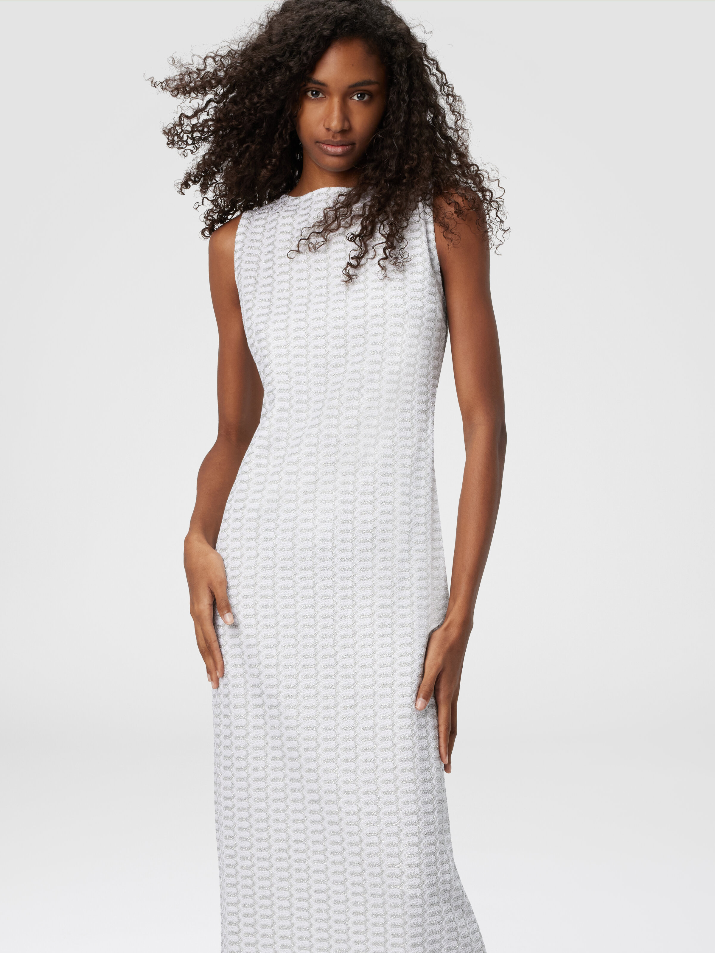 Robe longue sans manches en viscose lamée avec motif dentelle, Argent - 3