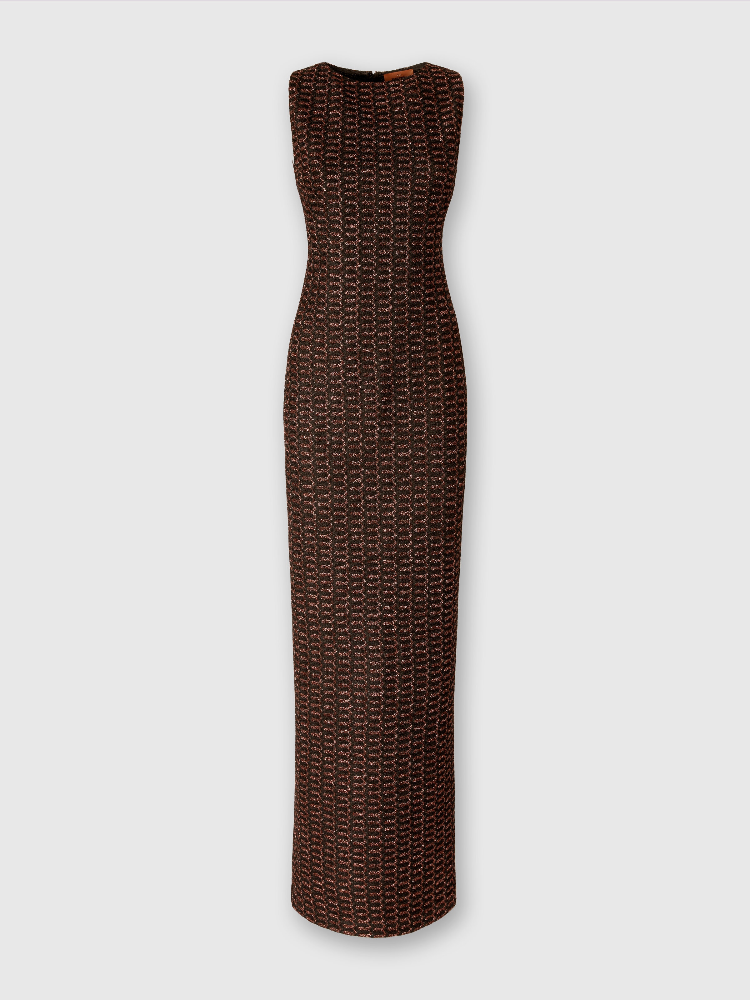 Long sleeveless dress in lamé viscose with lace motif, Rust & Black - 0