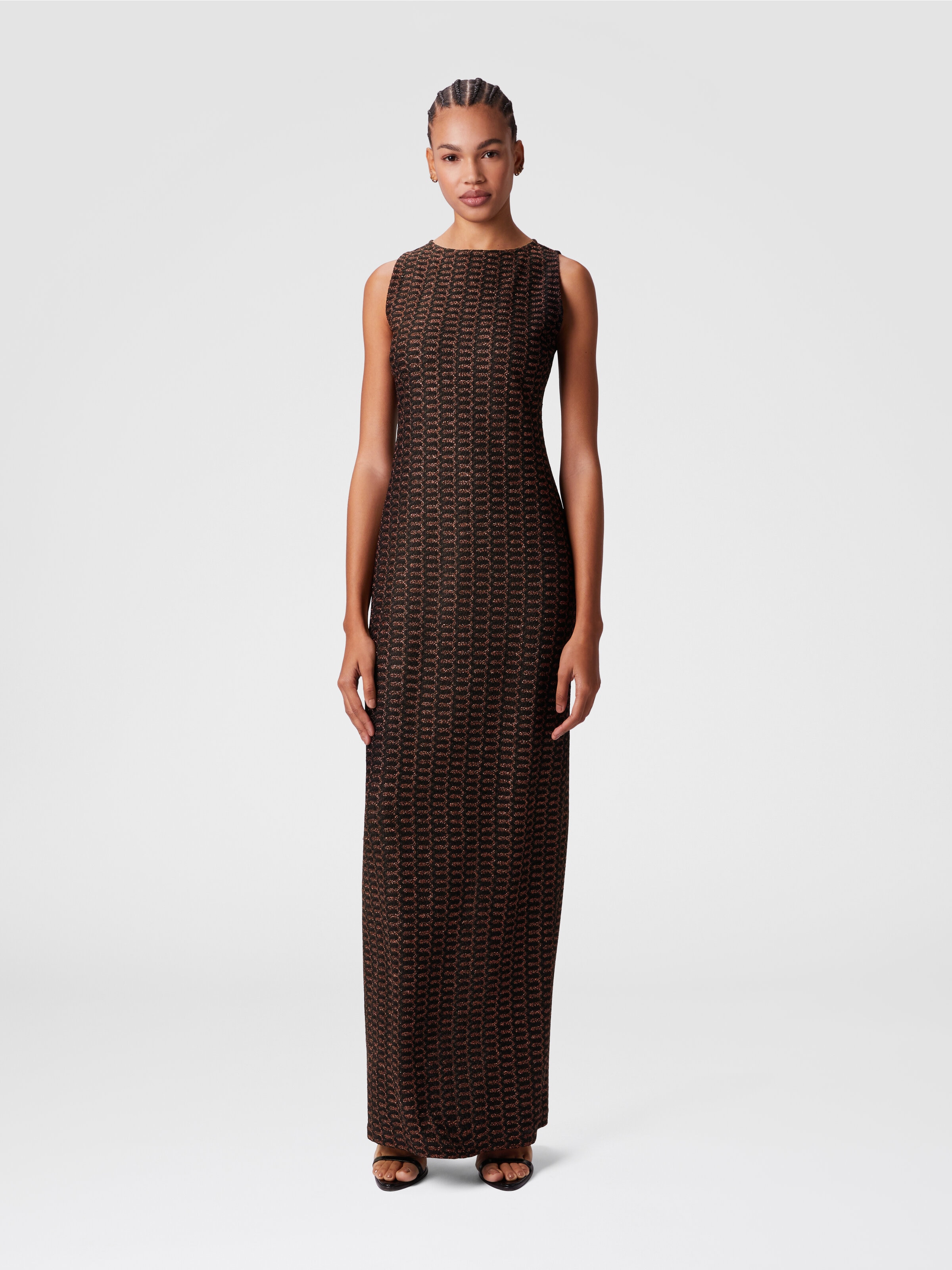 Long sleeveless dress in lamé viscose with lace motif, Rust & Black - 1