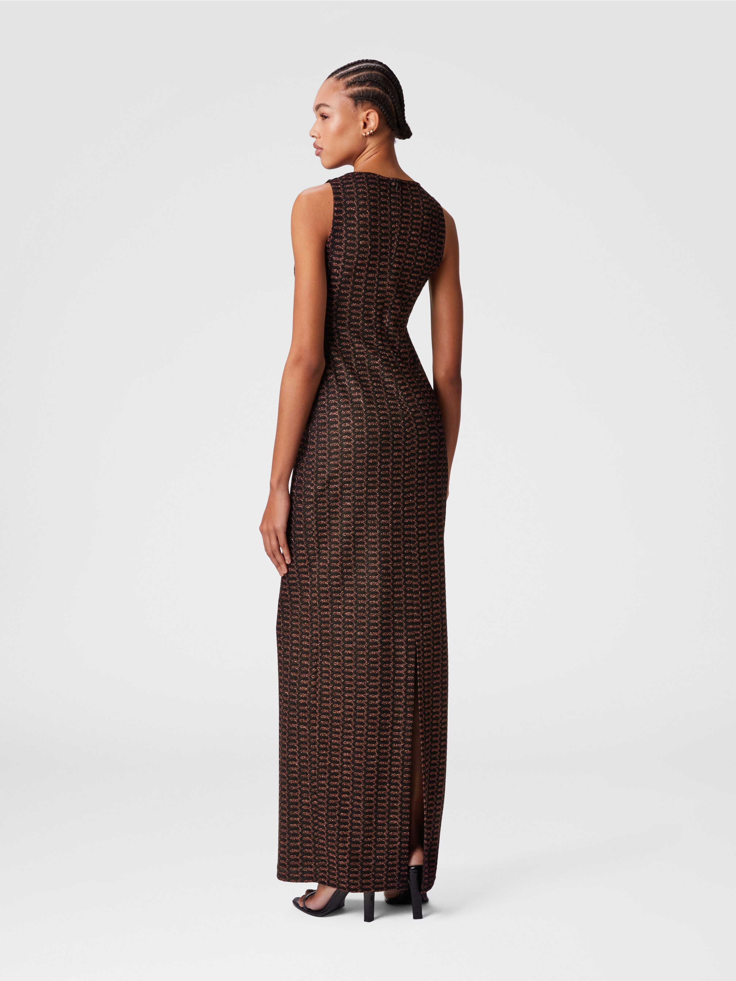 Long sleeveless dress in lamé viscose with lace motif, Rust & Black - 2