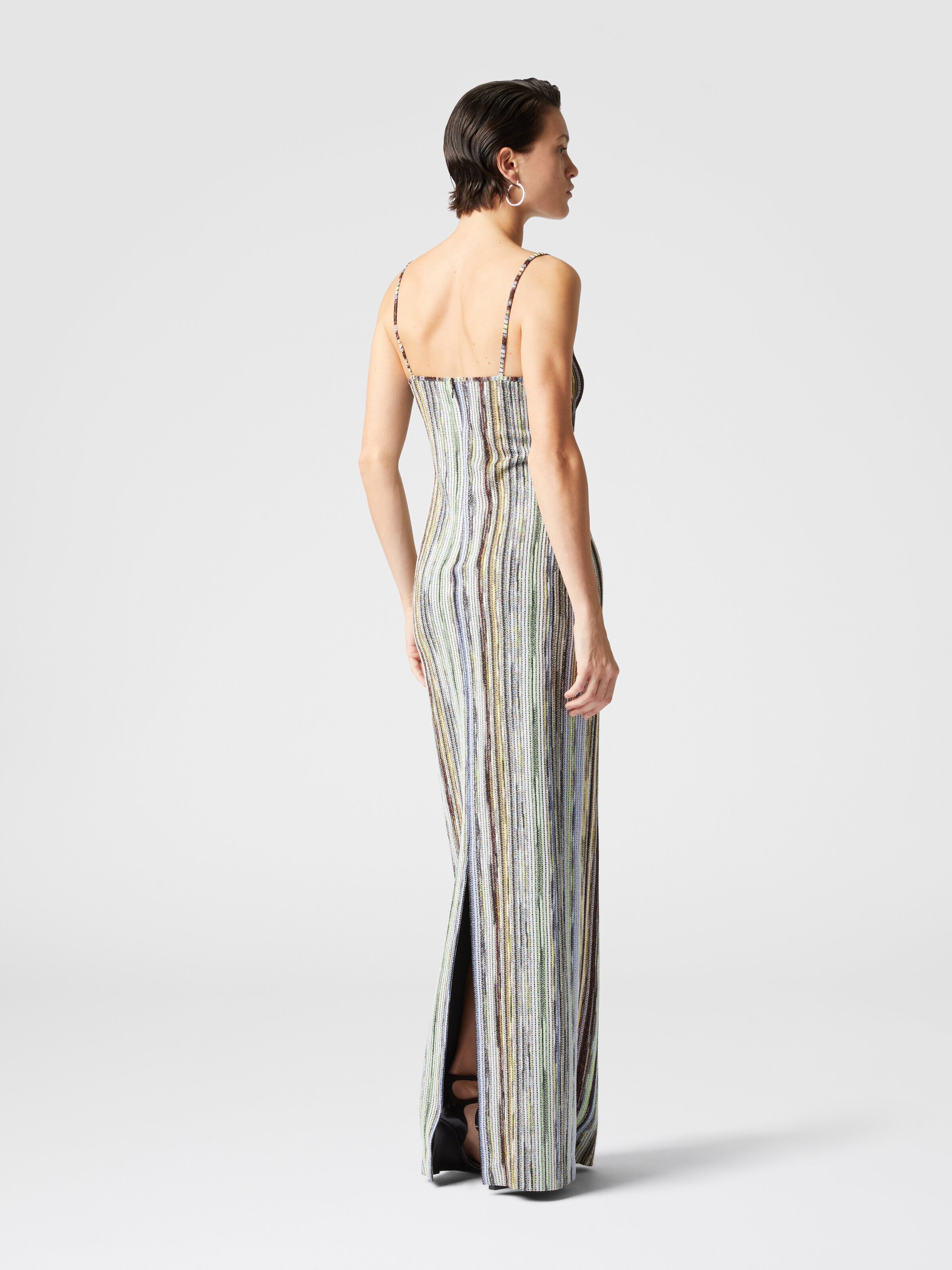 Long sleeveless dress in striped lamé slub viscose, Multicoloured  - 2