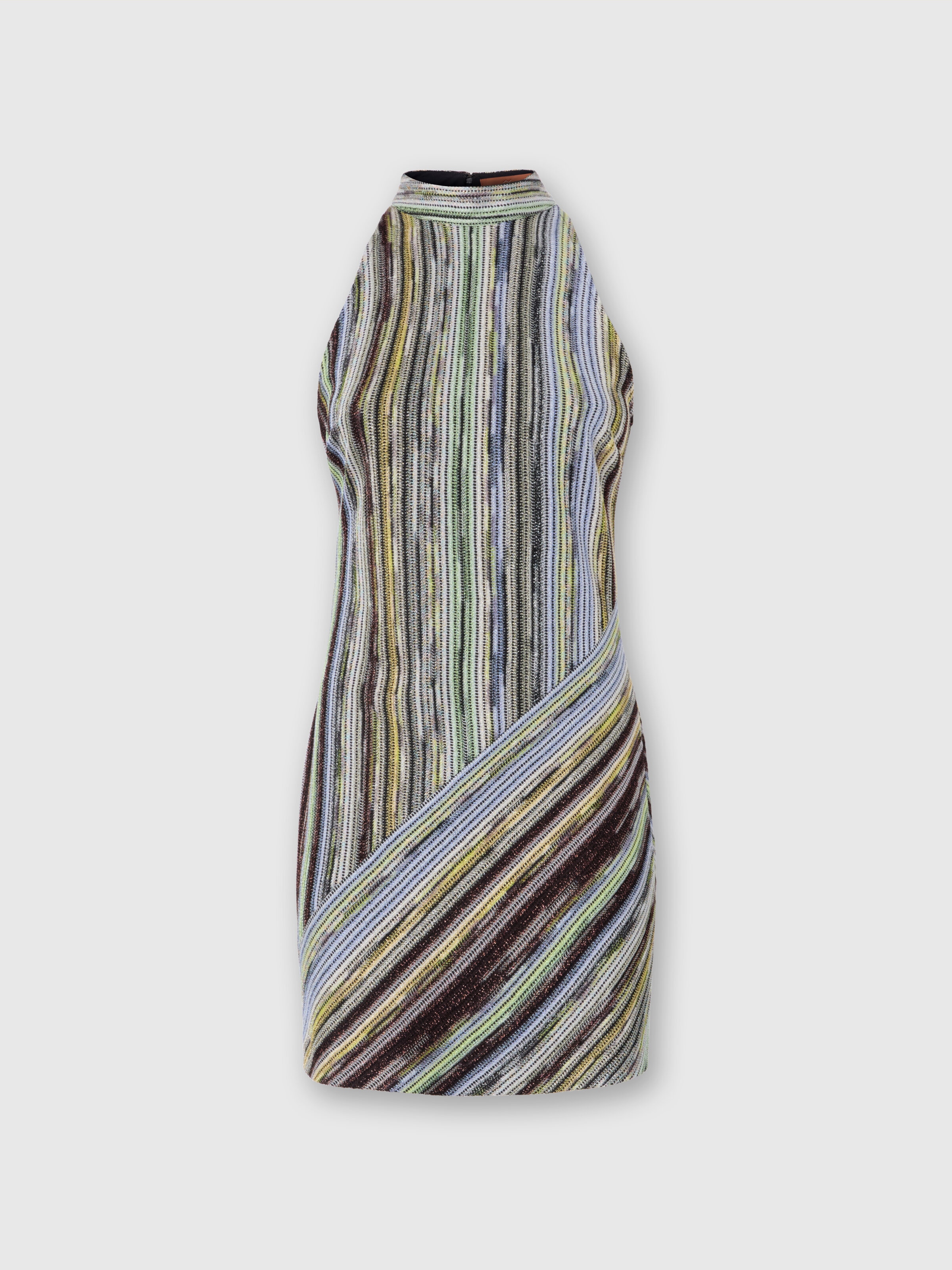 Sleeveless mini-dress in striped lamé slub viscose, Multicoloured  - 0