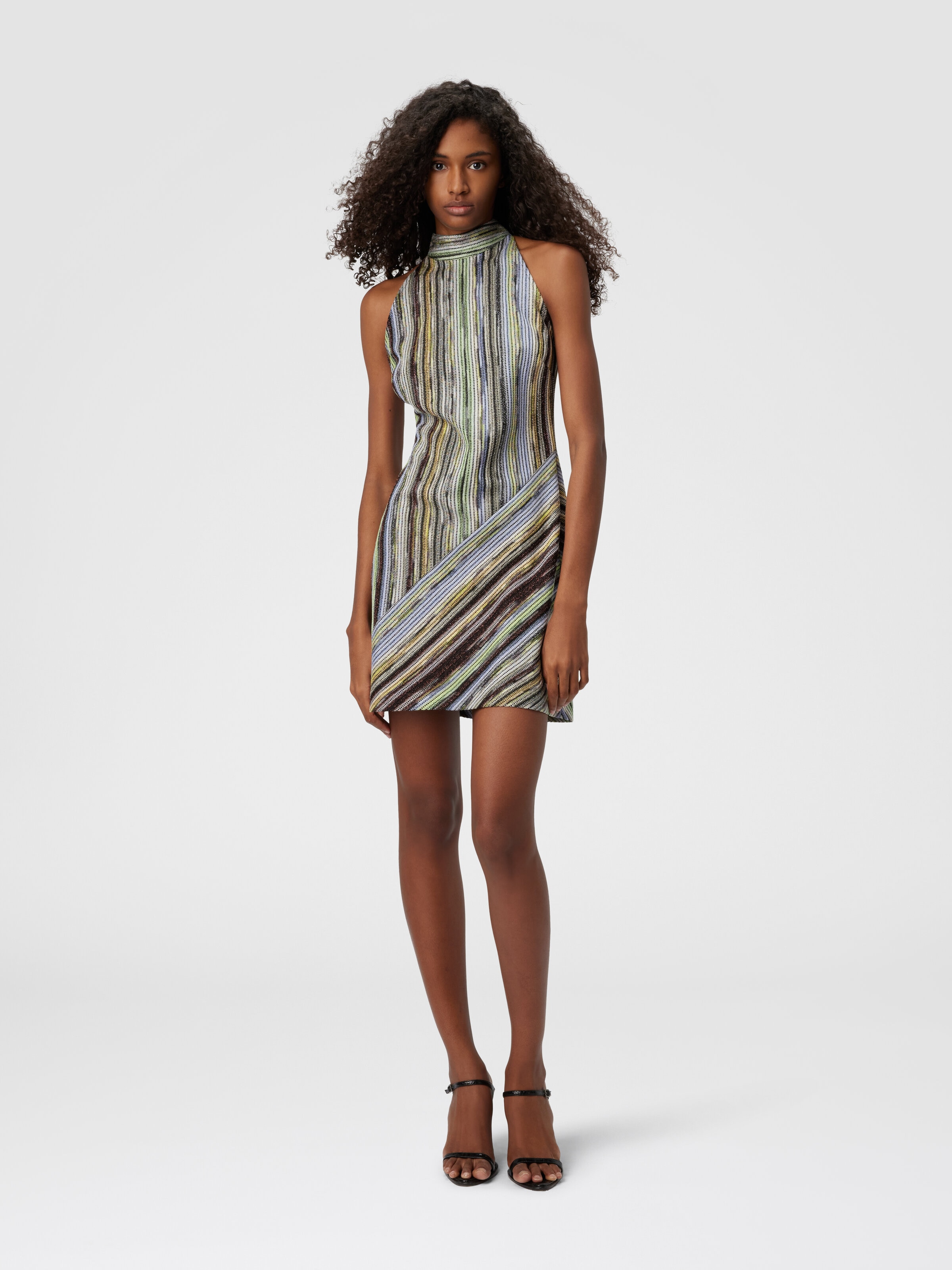 Sleeveless mini-dress in striped lamé slub viscose, Multicoloured  - 1