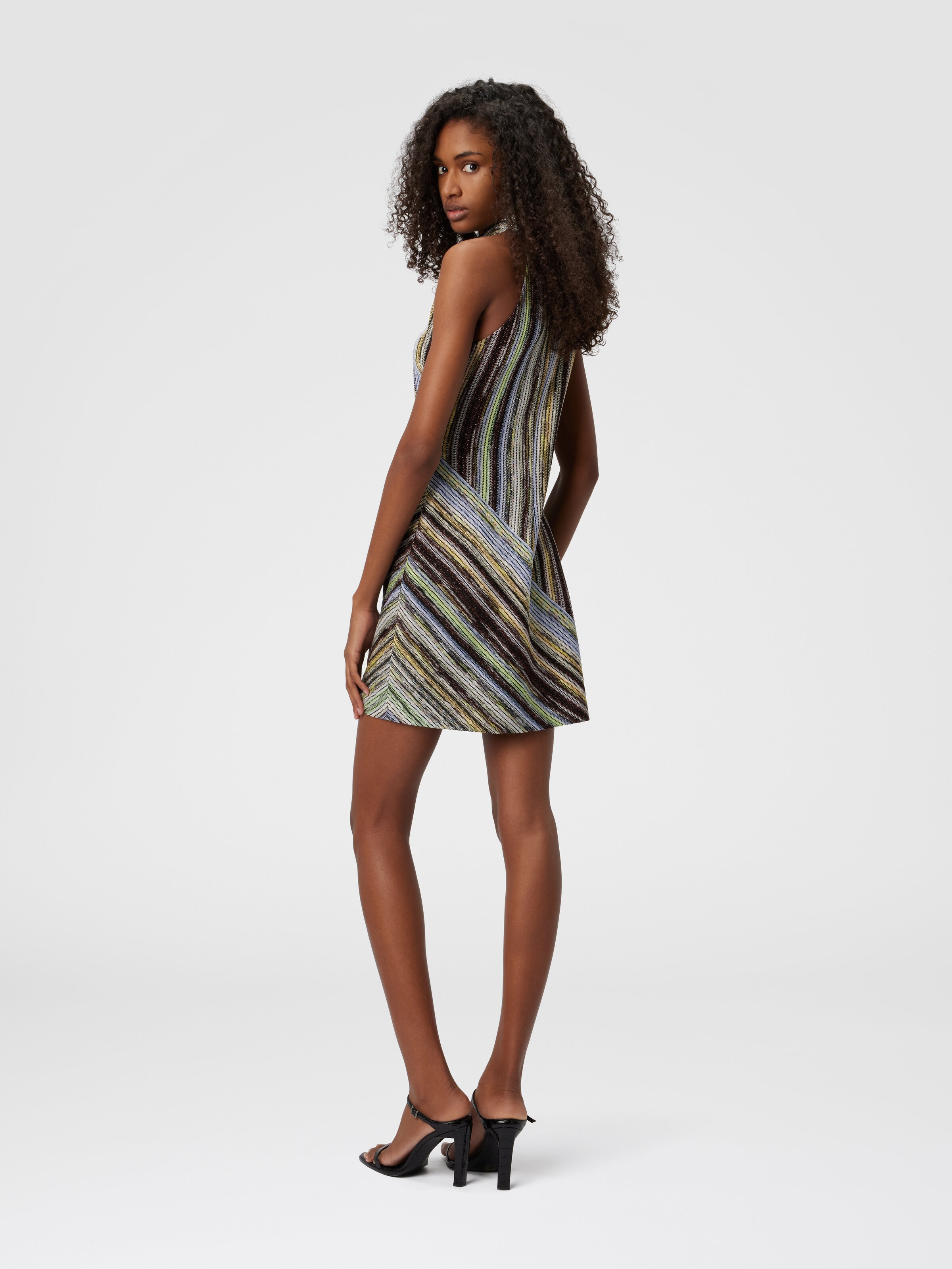 Sleeveless mini-dress in striped lamé slub viscose, Multicoloured  - 2
