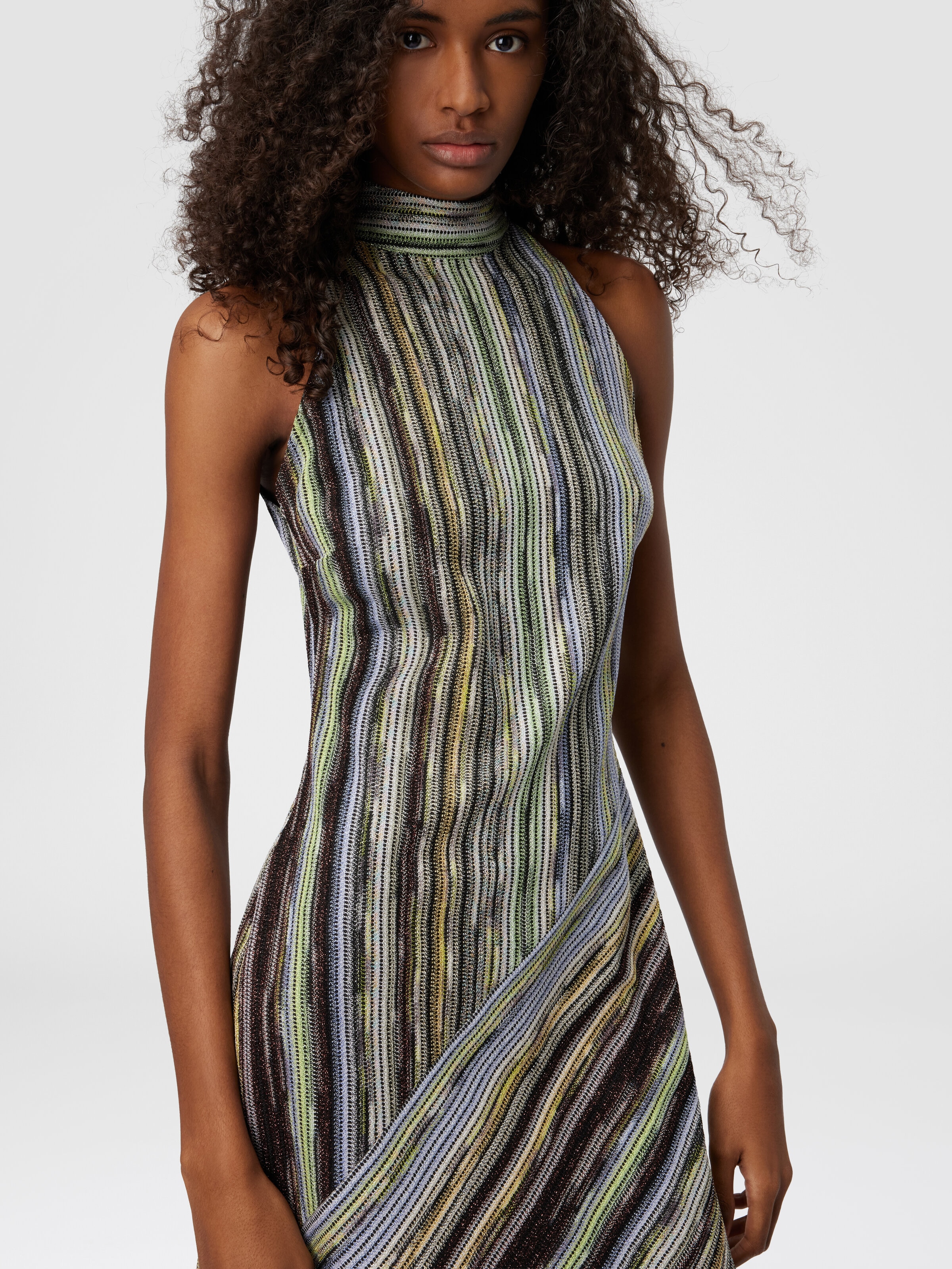 Sleeveless mini-dress in striped lamé slub viscose, Multicoloured  - 3