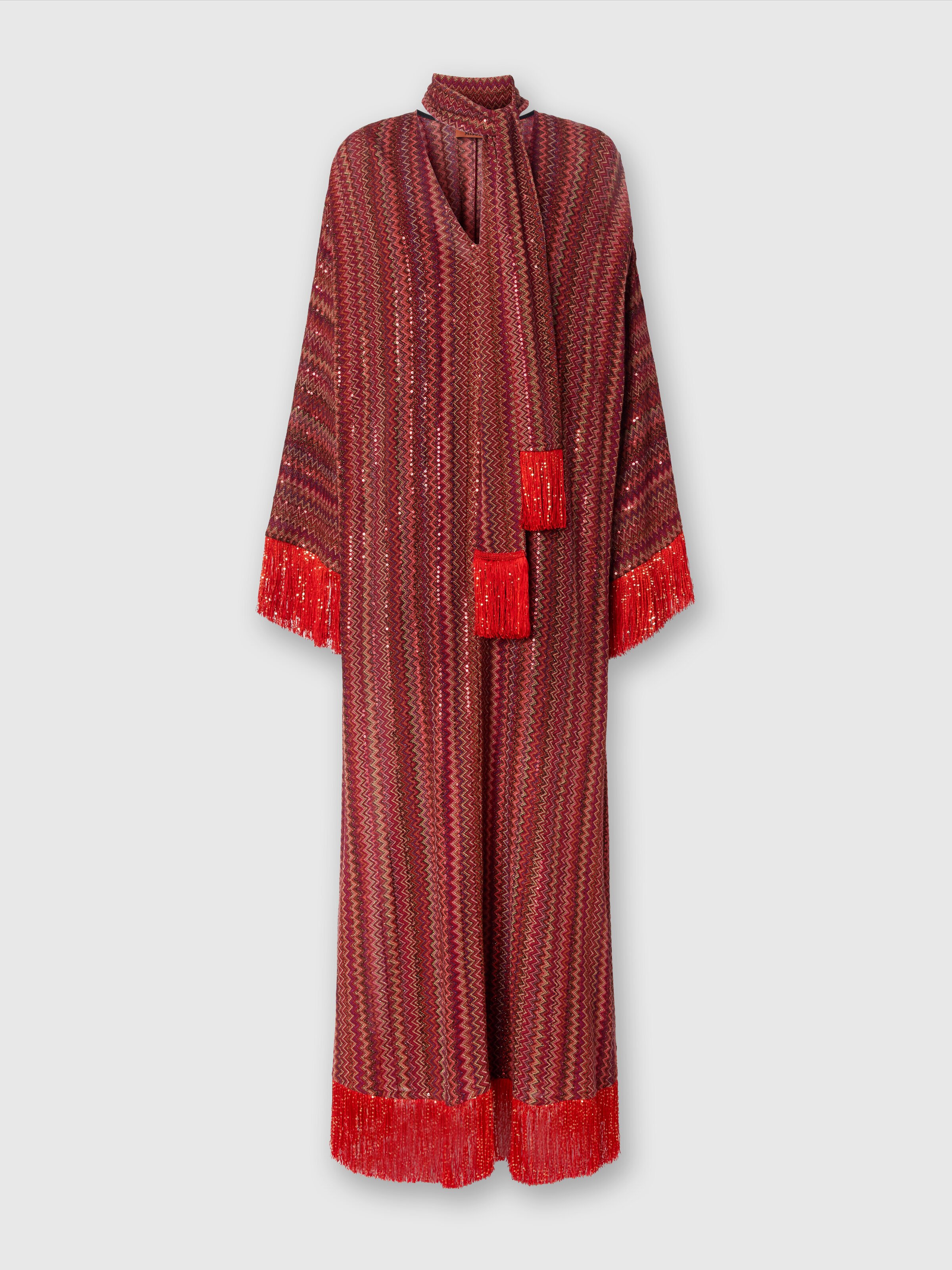 Zigzag kaftan with sequins and V-neck and removable scarf with fringes, Multicoloured  - 0