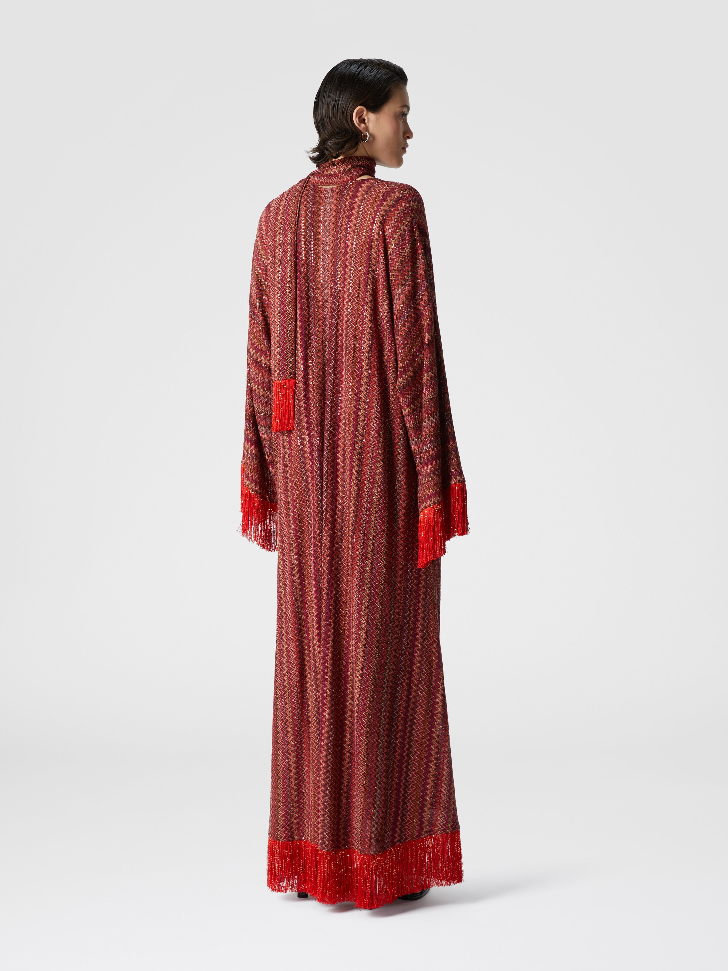 Zigzag kaftan with sequins and V-neck and removable scarf with fringes, Multicoloured  - 2