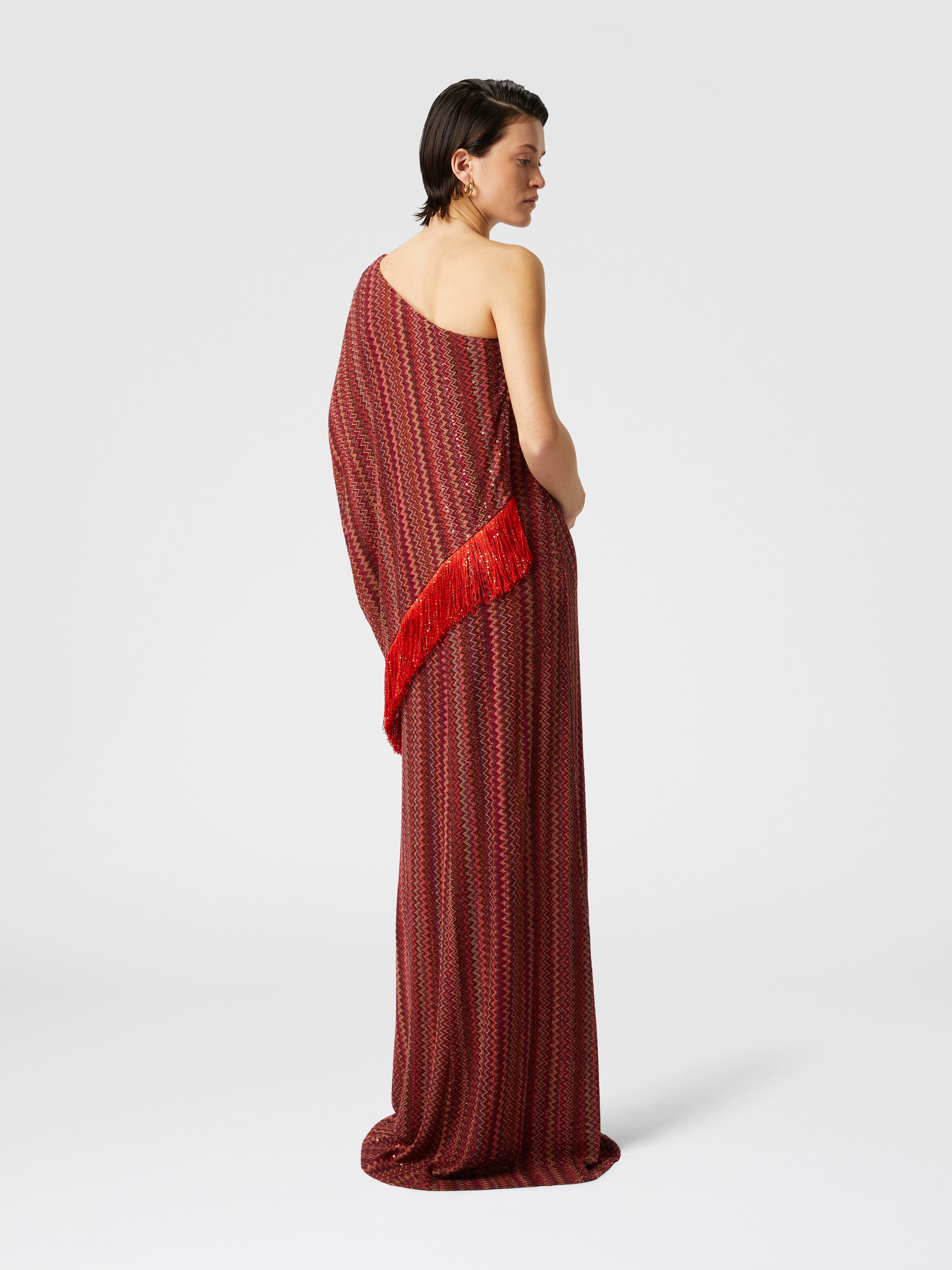 Long one-shoulder zigzag dress with sequins and fringes, Multicoloured  - 2