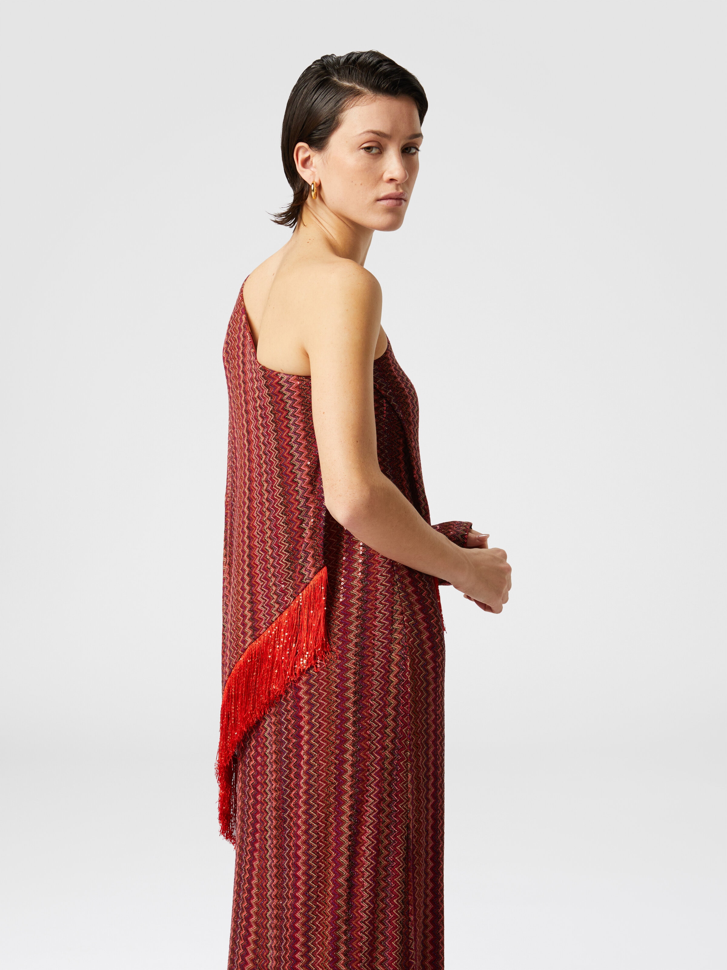 Long one-shoulder zigzag dress with sequins and fringes, Multicoloured  - 3