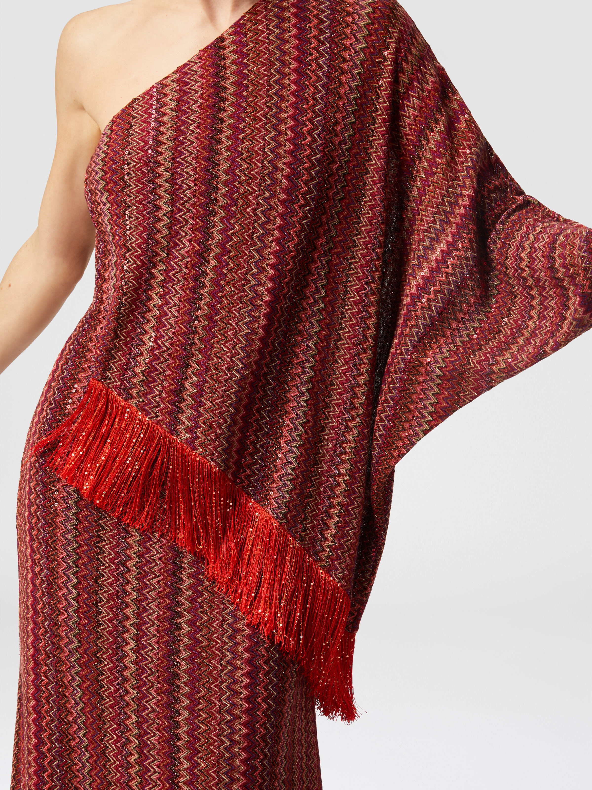 Long one-shoulder zigzag dress with sequins and fringes, Multicoloured  - 4