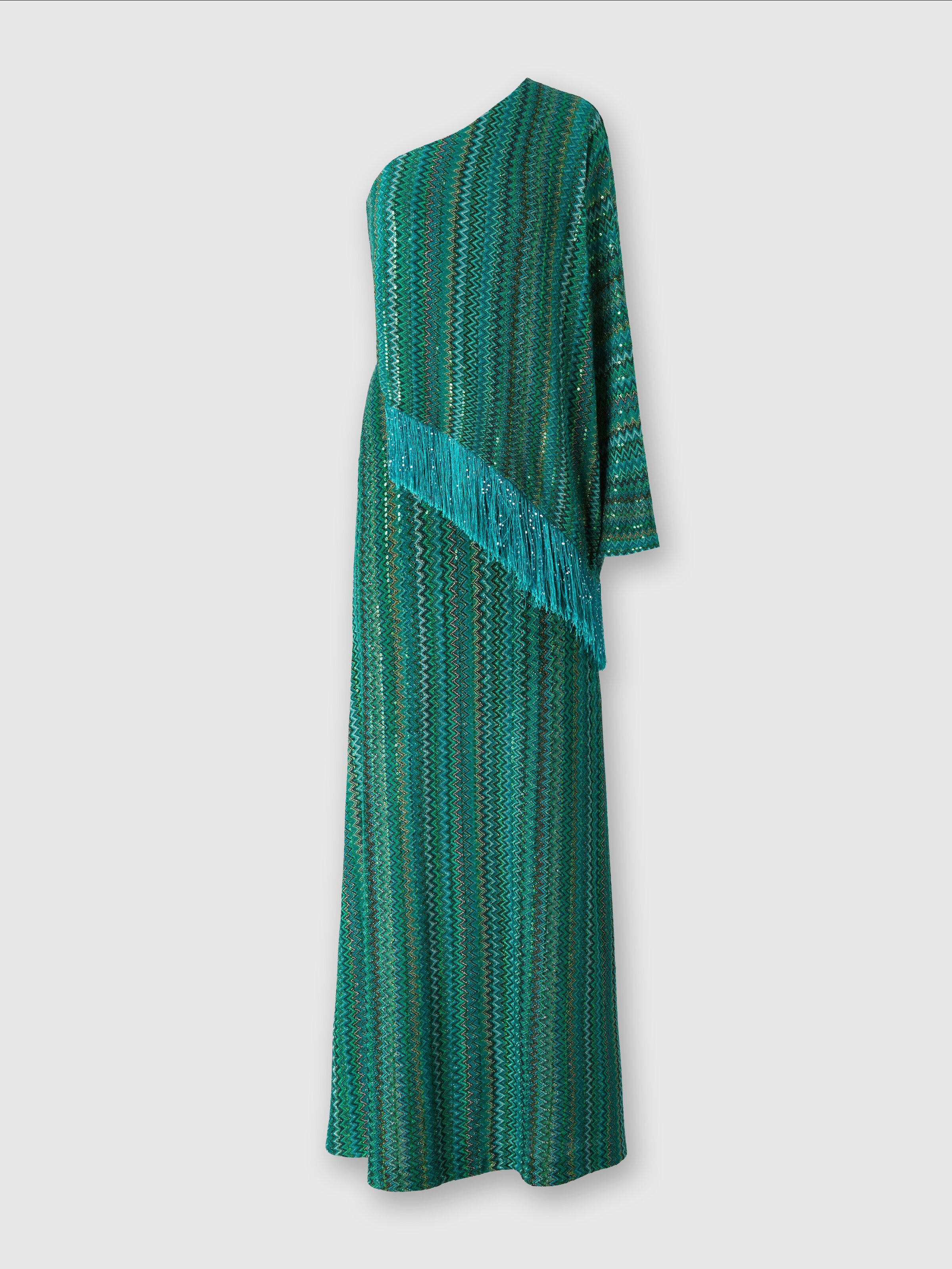 Vestido largo en zigzag de un solo hombro con lentejuelas y flecos, Multicolor  - 0