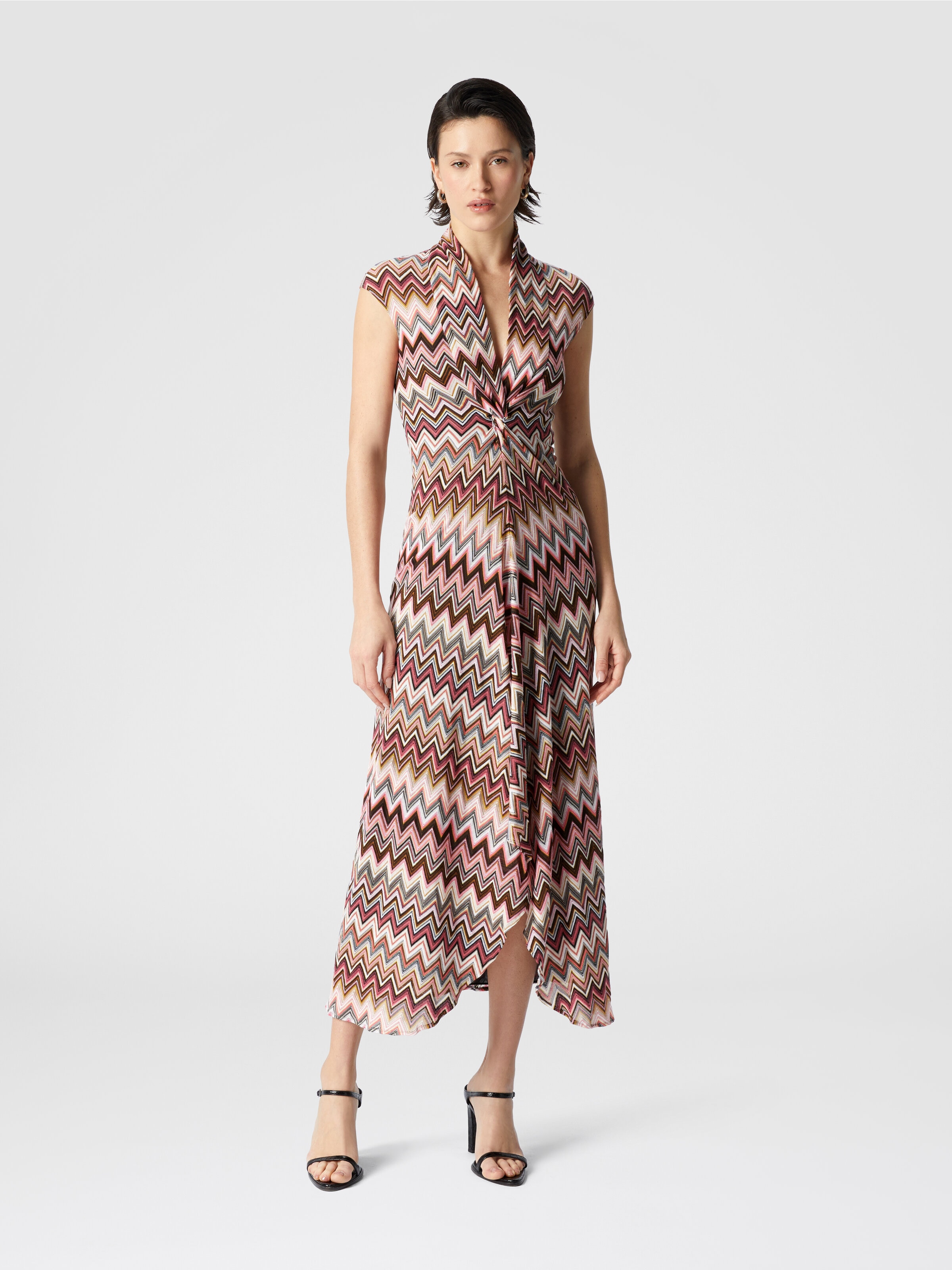 Vestido largo de algodón y viscosa en zigzag, Multicolor  - 1