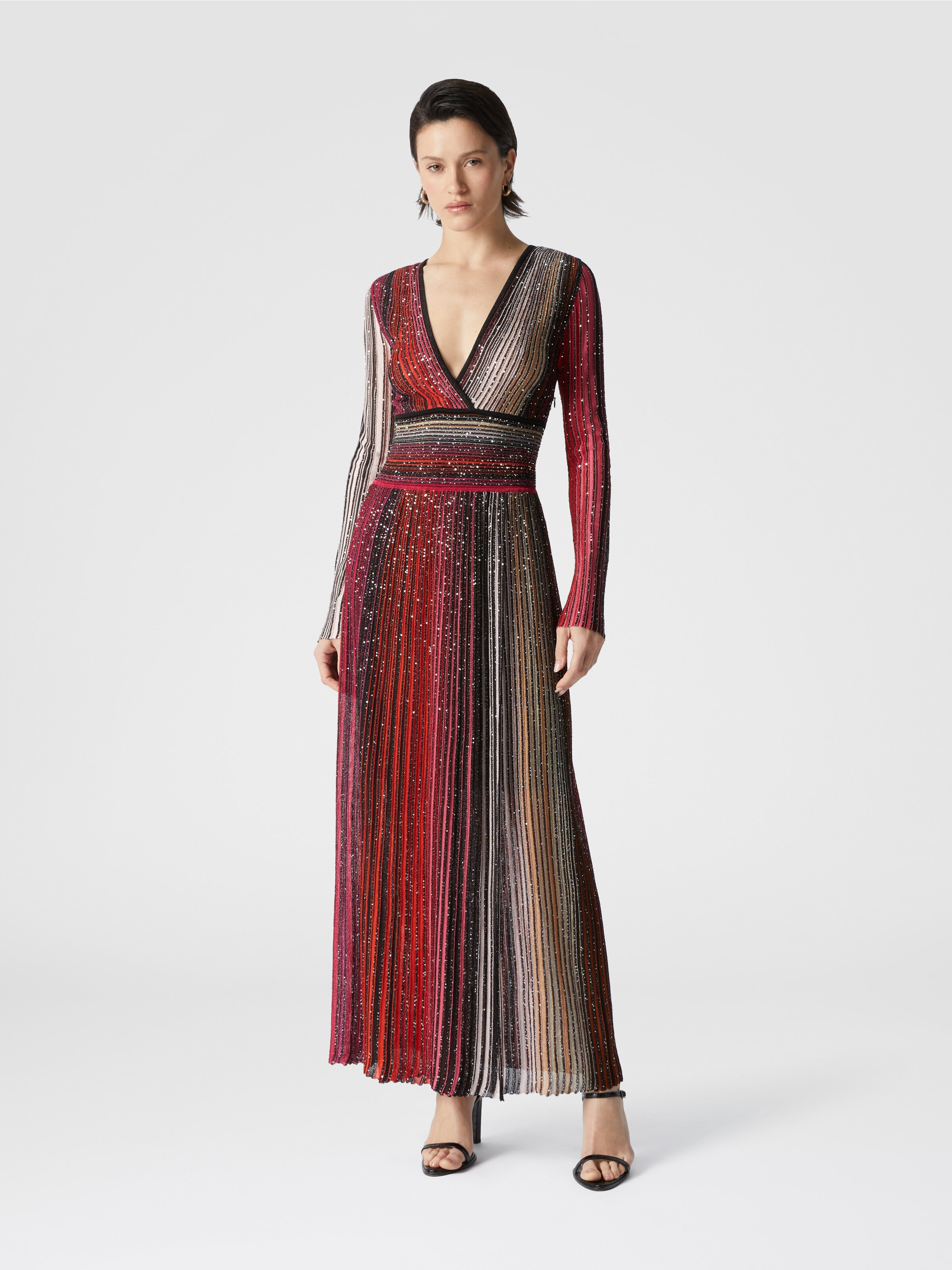 Long pleated dress with sequins, Black & Red - 1