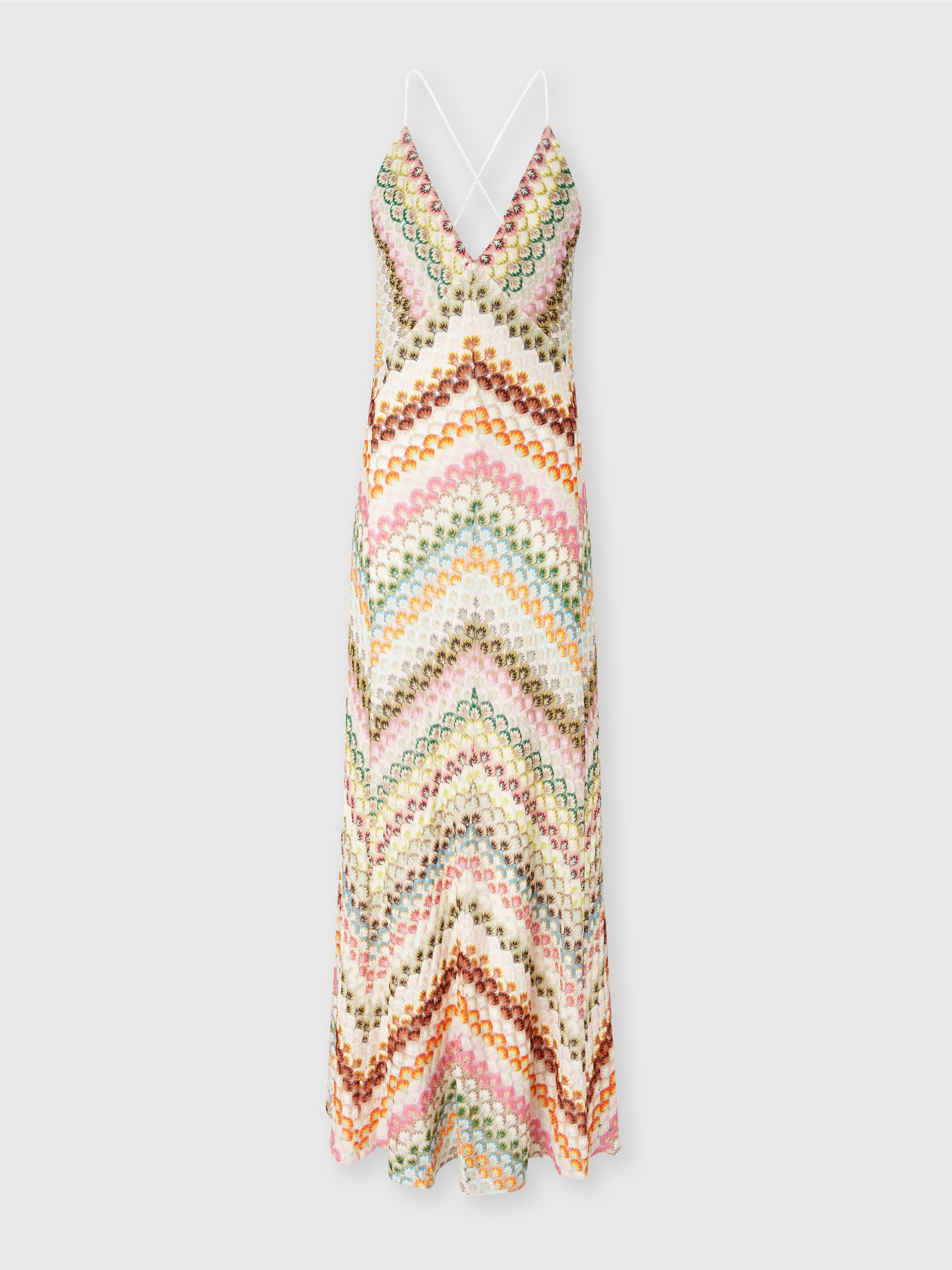 Langes Kleid aus Viskose mit V-Ausschnitt aus Spitze und Zickzack-Muster, Mehrfarbig  - 0
