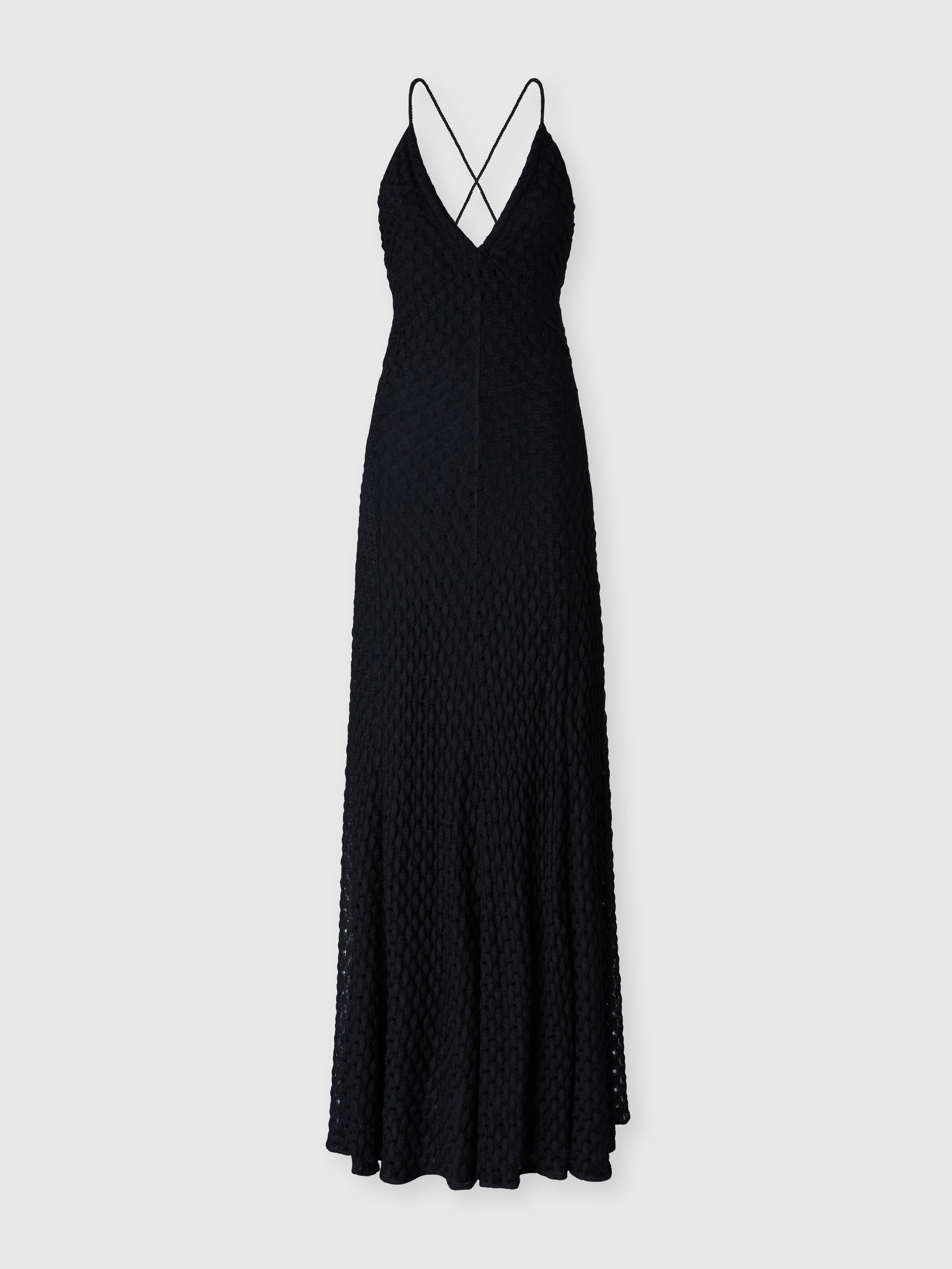Long viscose dress with V-neck lace, Black - 0