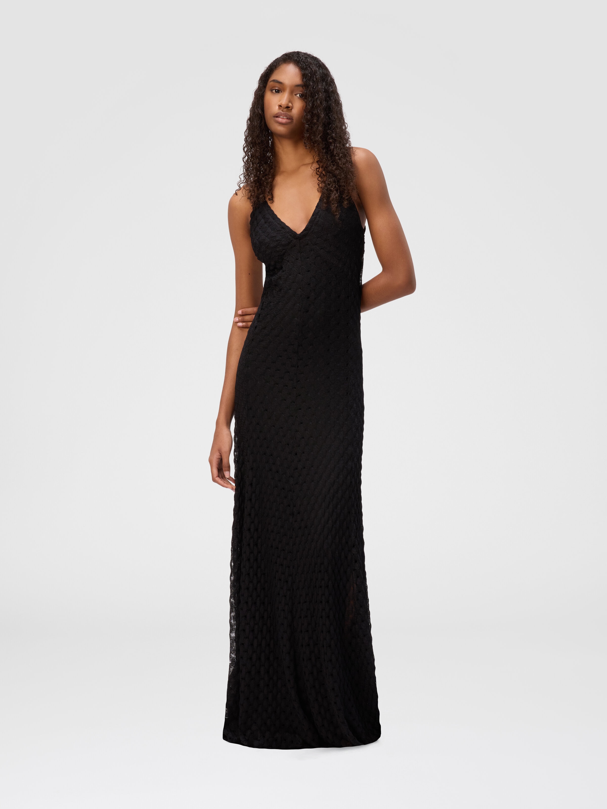 Long viscose dress with V-neck lace, Black - 1