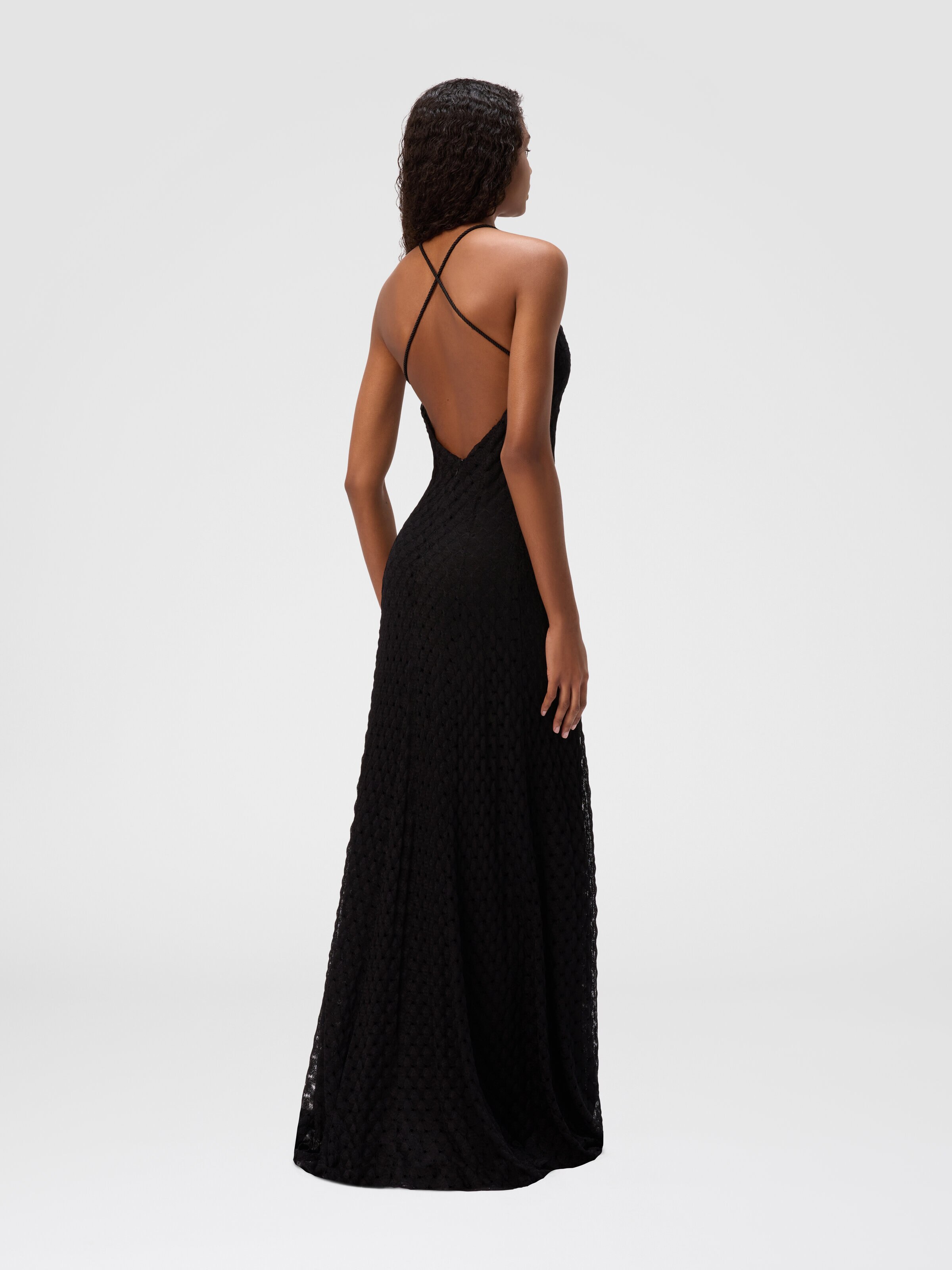 Long viscose dress with V-neck lace, Black - 2