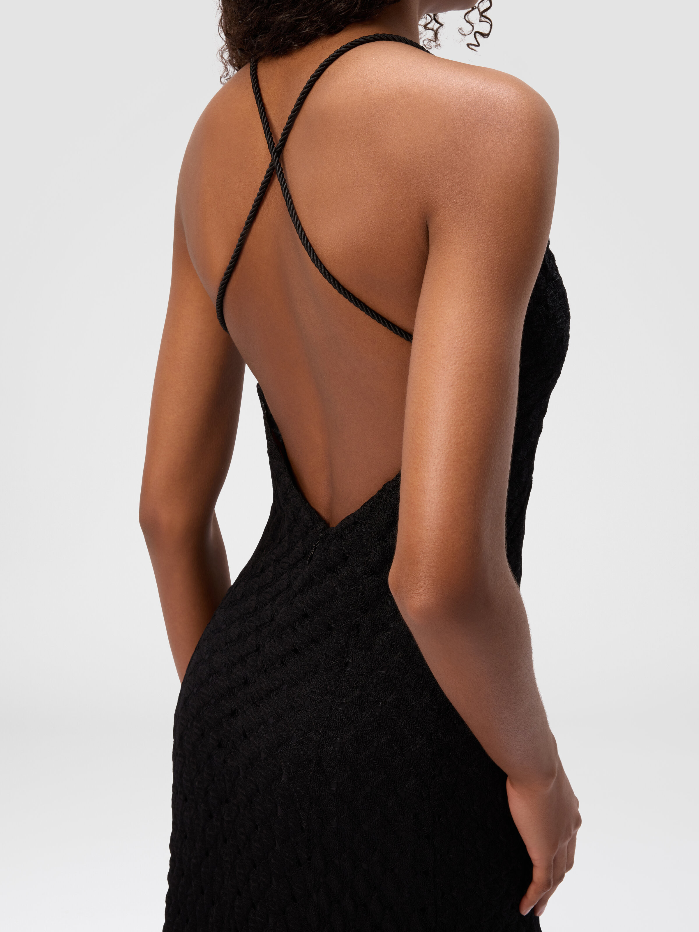 Long viscose dress with V-neck lace, Black - 3