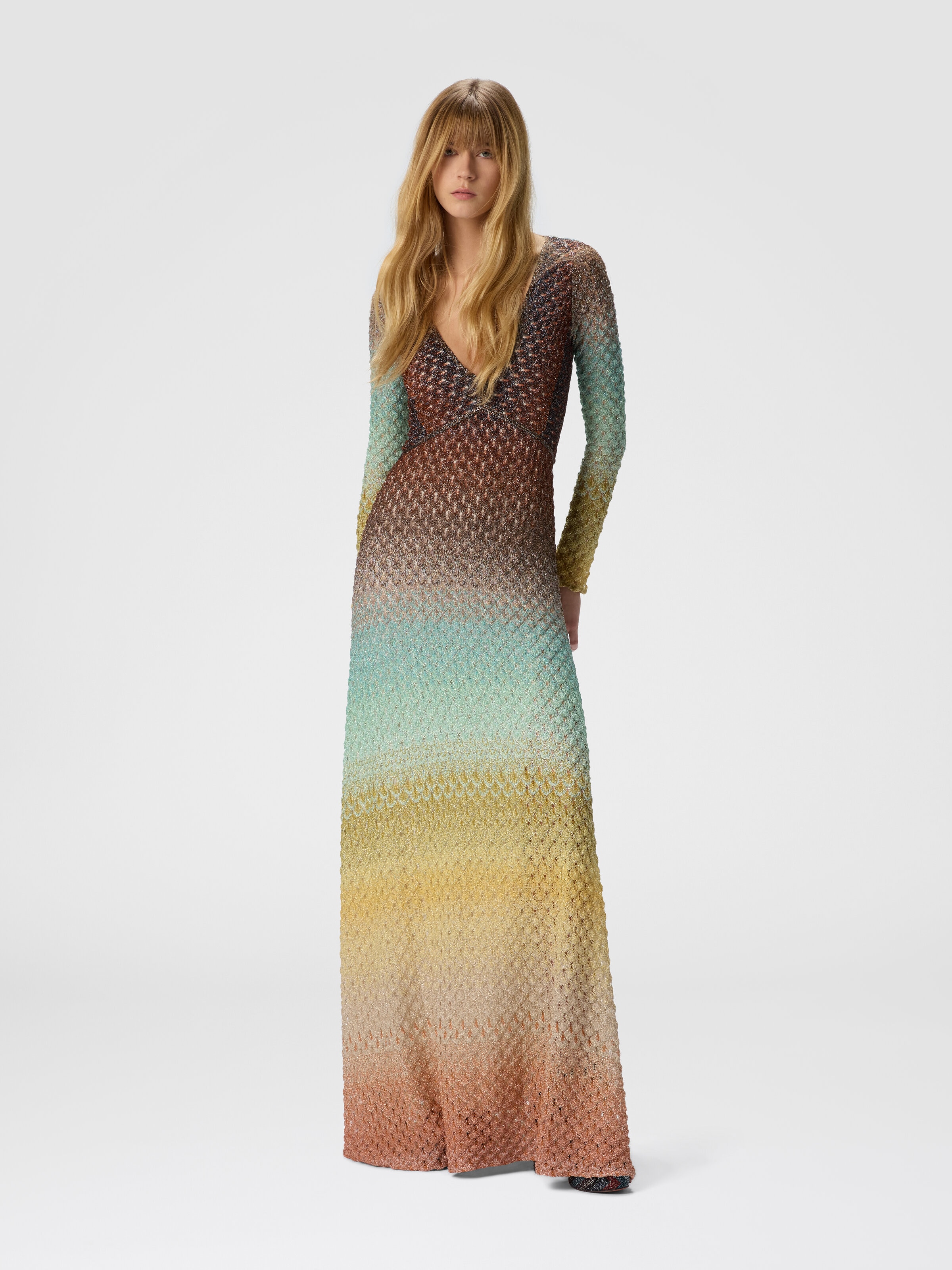 Flared dégradé long dress with V-neck, Multicoloured  - 1