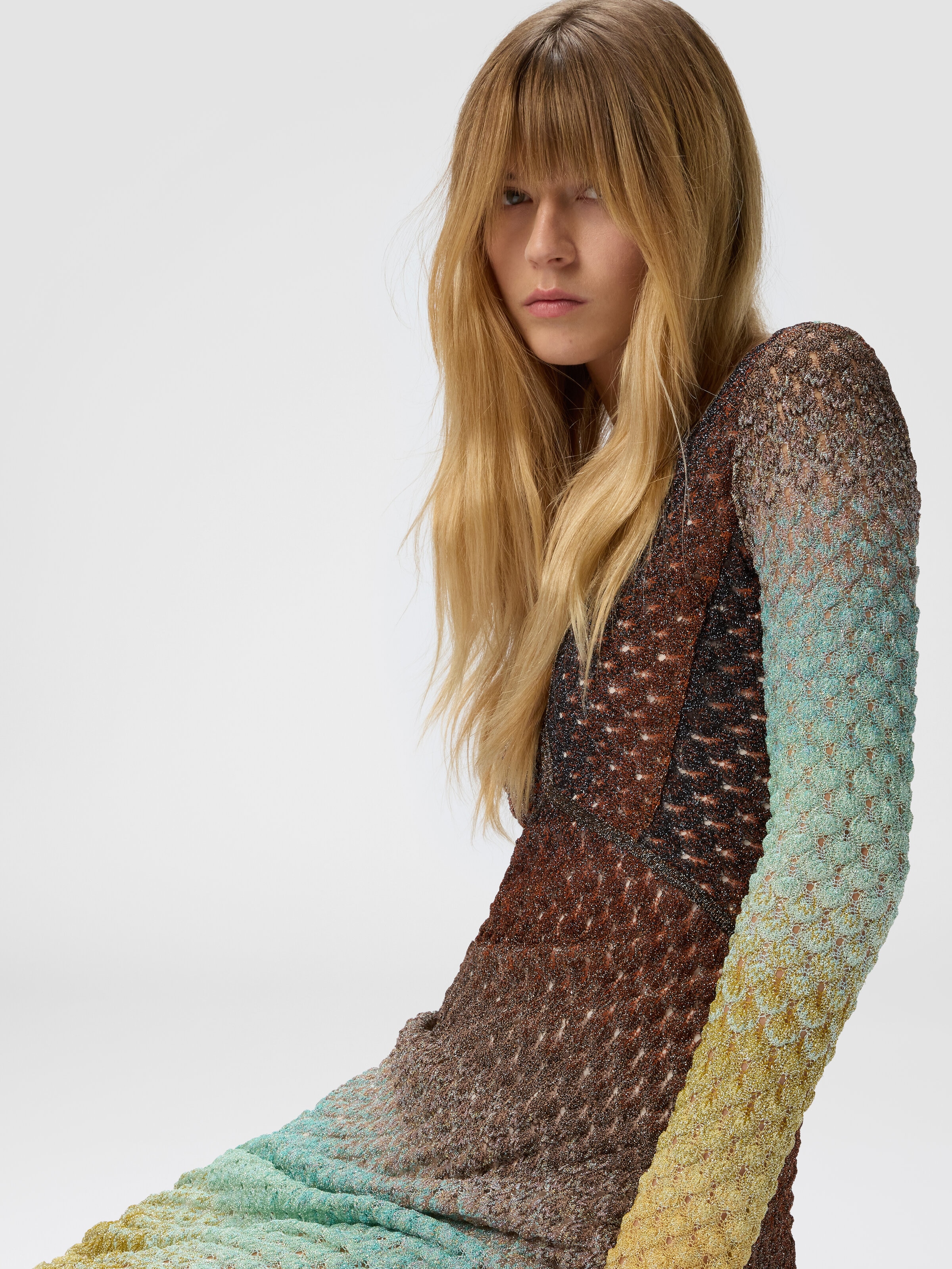 Flared dégradé long dress with V-neck, Multicoloured  - 3