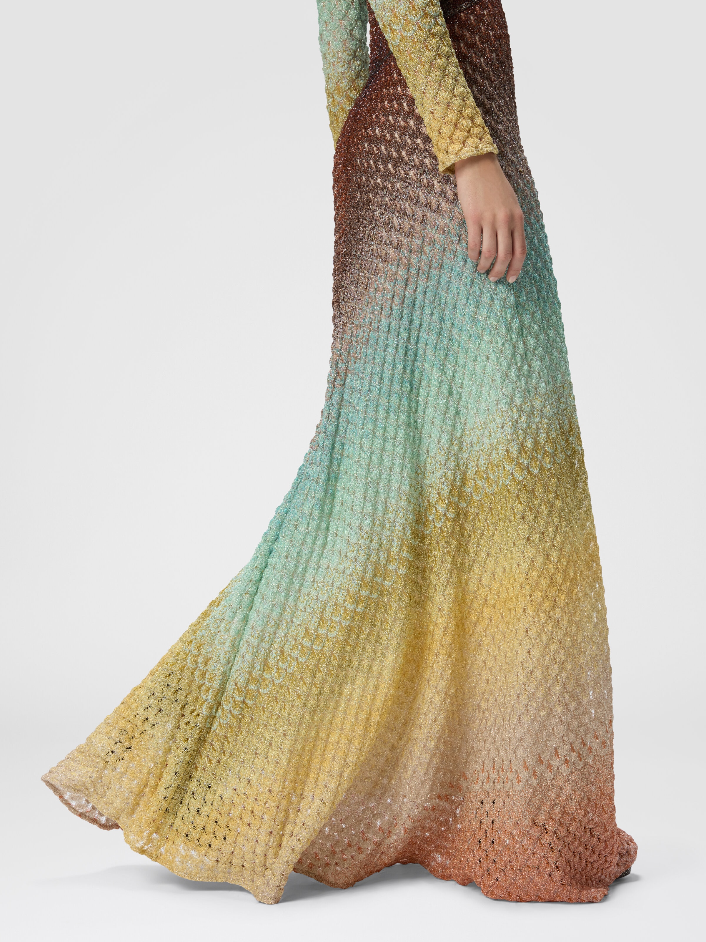 Flared dégradé long dress with V-neck, Multicoloured  - 4
