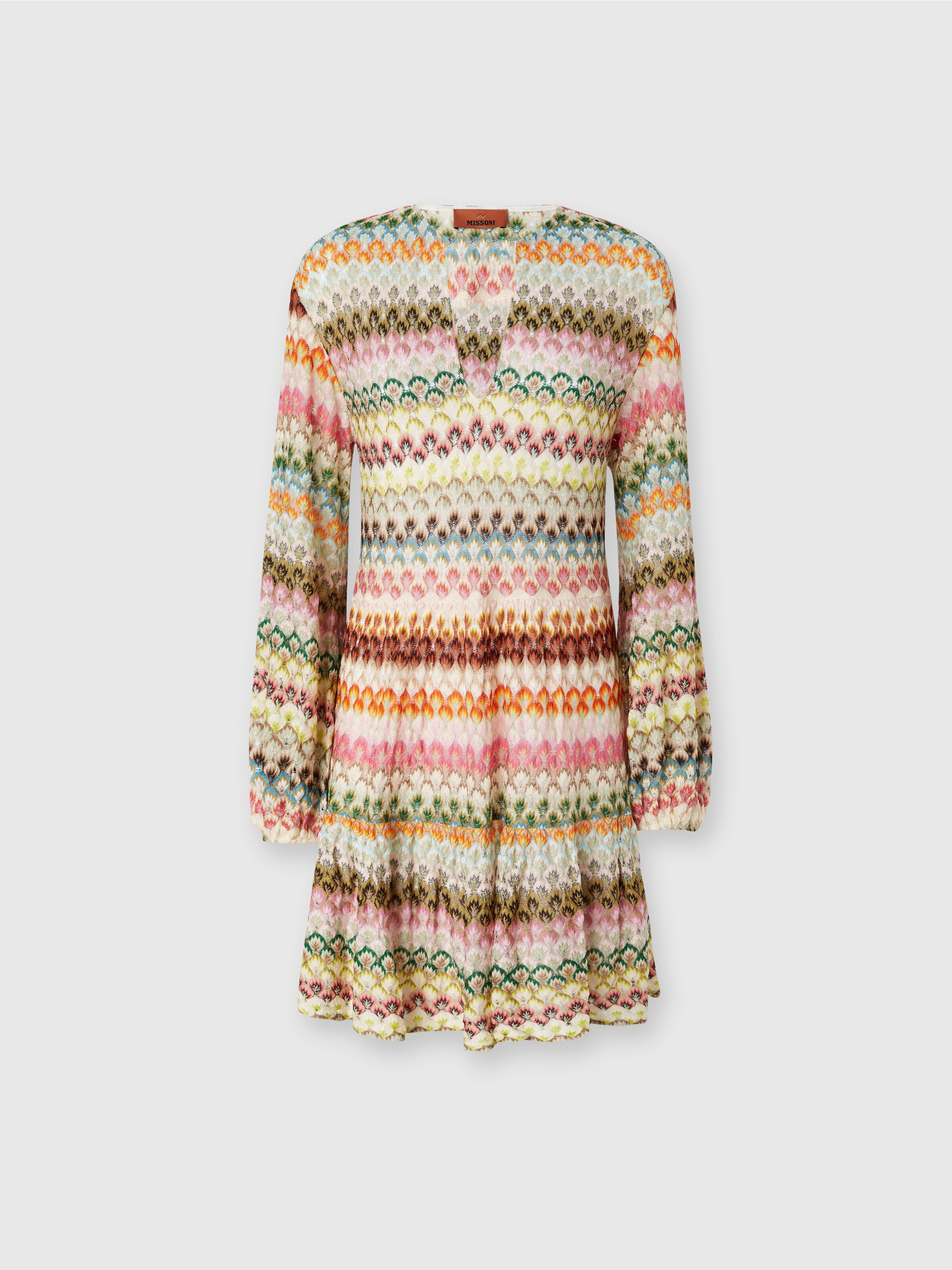 Robe courte à manches longues avec motif zigzag en dentelle, Multicolore  - 0