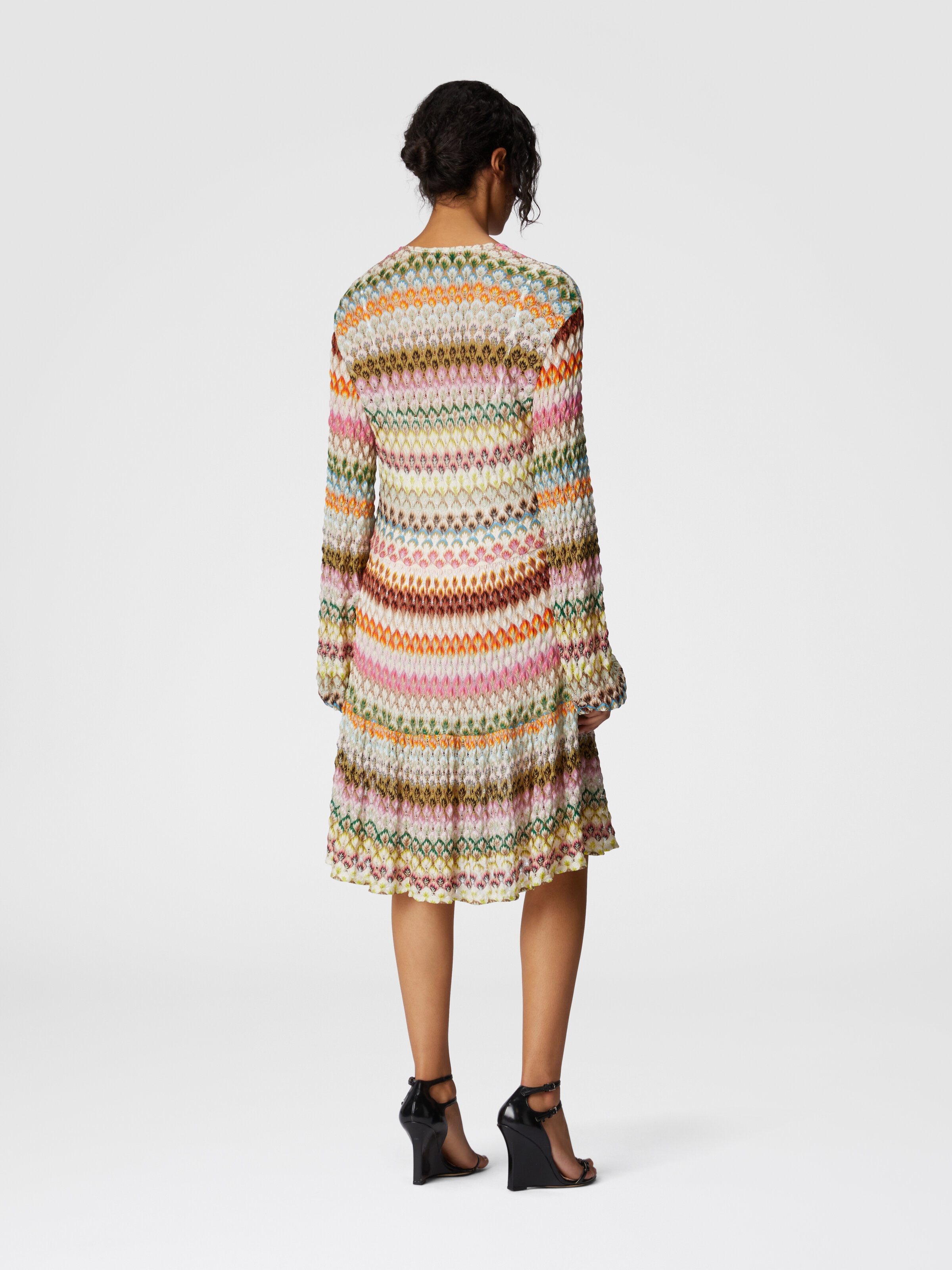 Robe courte à manches longues avec motif zigzag en dentelle, Multicolore  - 2