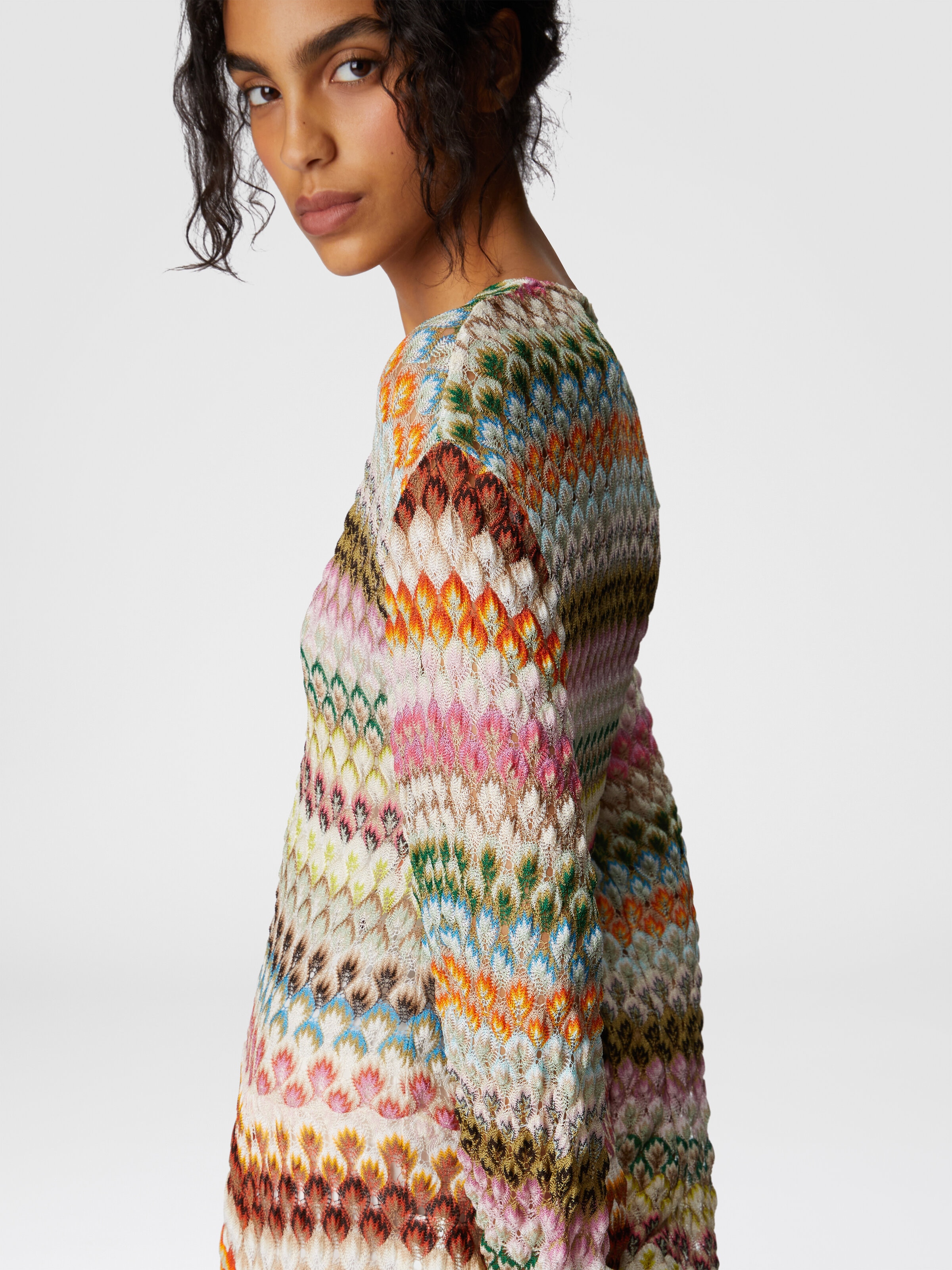 Robe courte à manches longues avec motif zigzag en dentelle, Multicolore  - 3