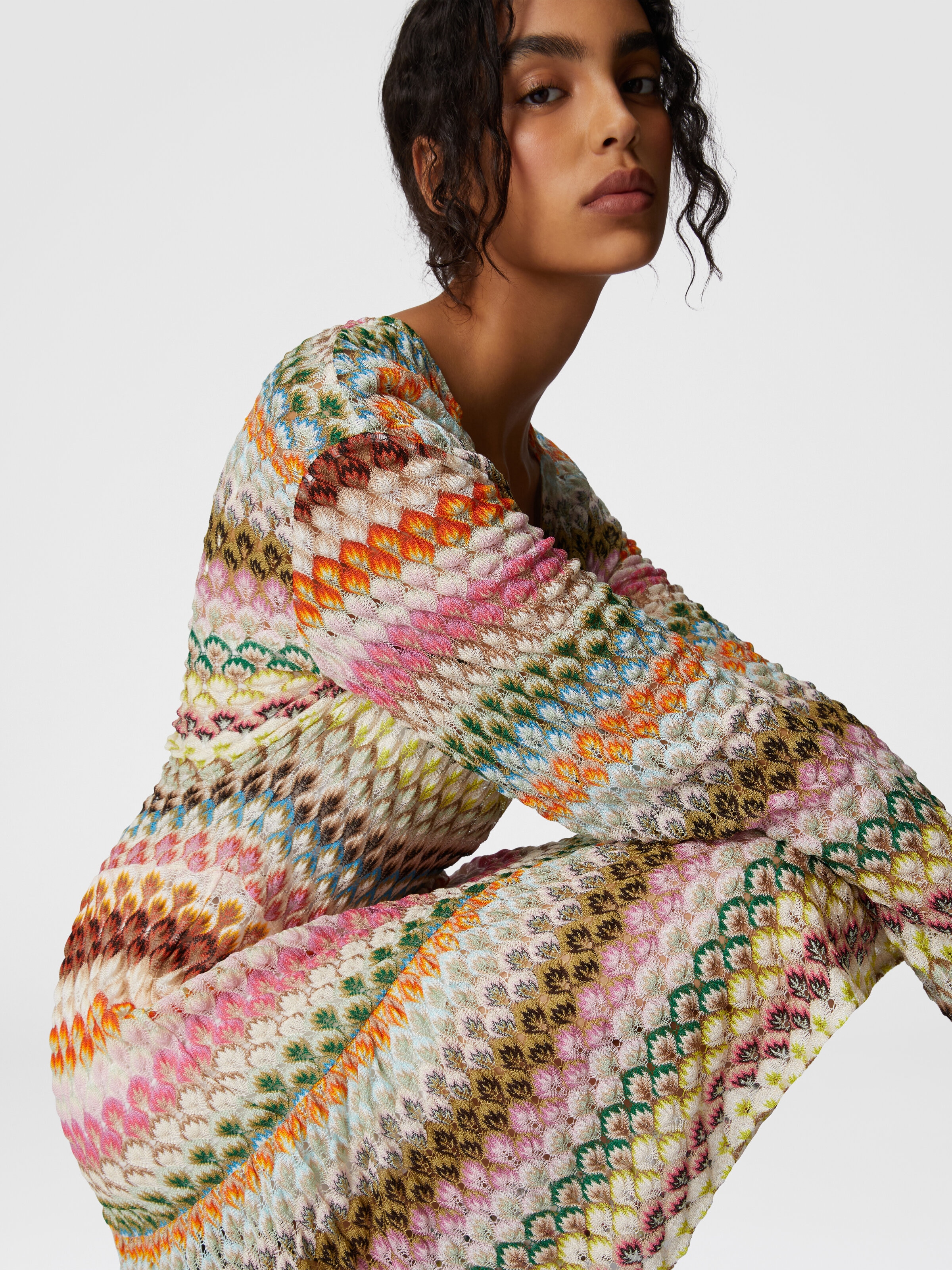 Robe courte à manches longues avec motif zigzag en dentelle, Multicolore  - 4