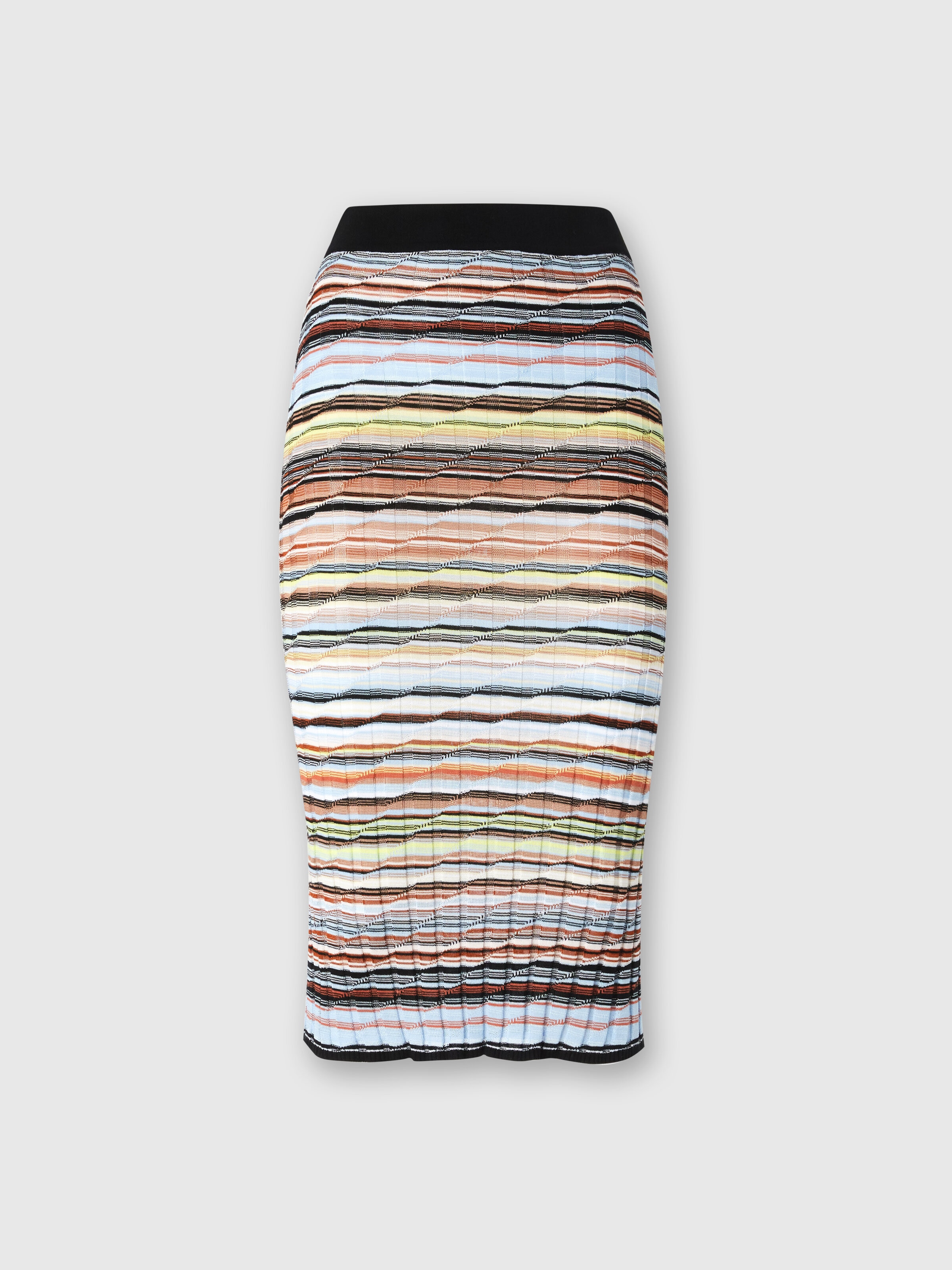 Jupe midi côtelée en coton rayé et viscose, Bleu - 0