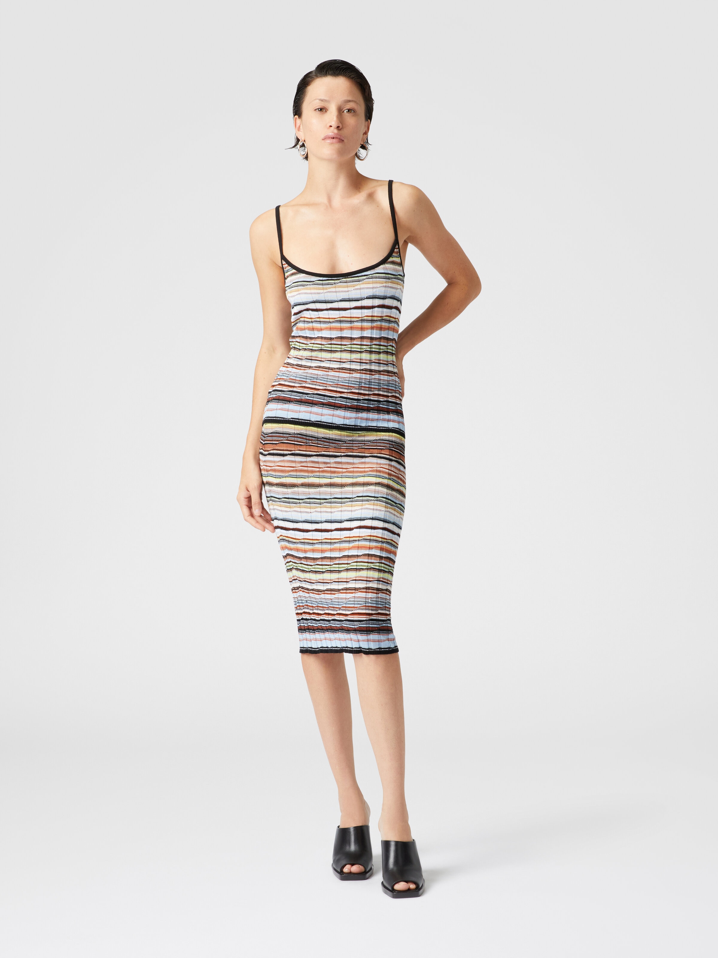 Jupe midi côtelée en coton rayé et viscose, Bleu - 1