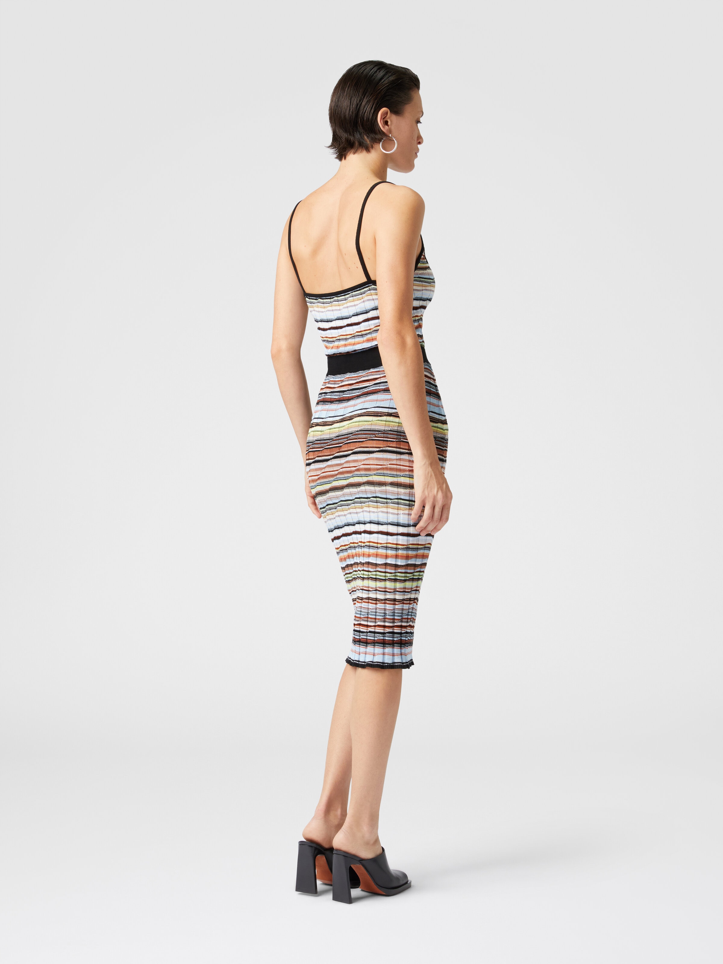 Jupe midi côtelée en coton rayé et viscose, Bleu - 2
