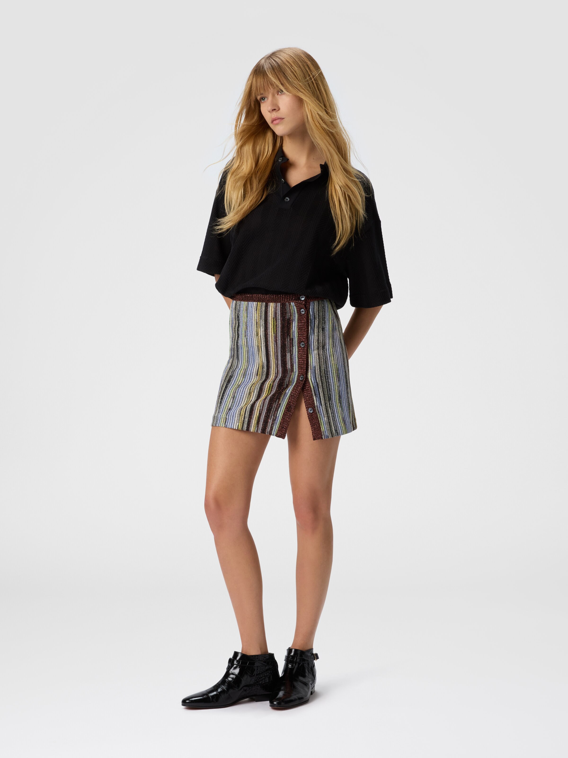 Striped lamé slub viscose miniskirt with side buttoning, Multicoloured  - 1