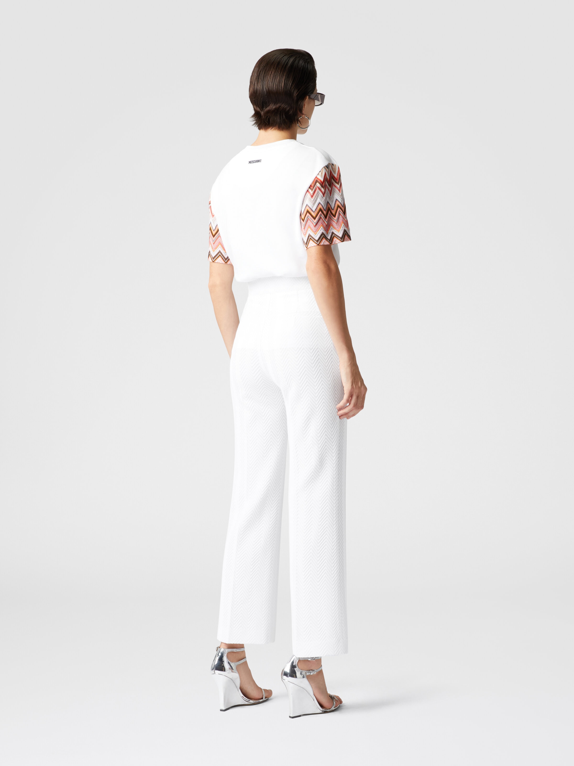 Classic trousers in cotton and zigzag viscose with cropped hem, White  - 2