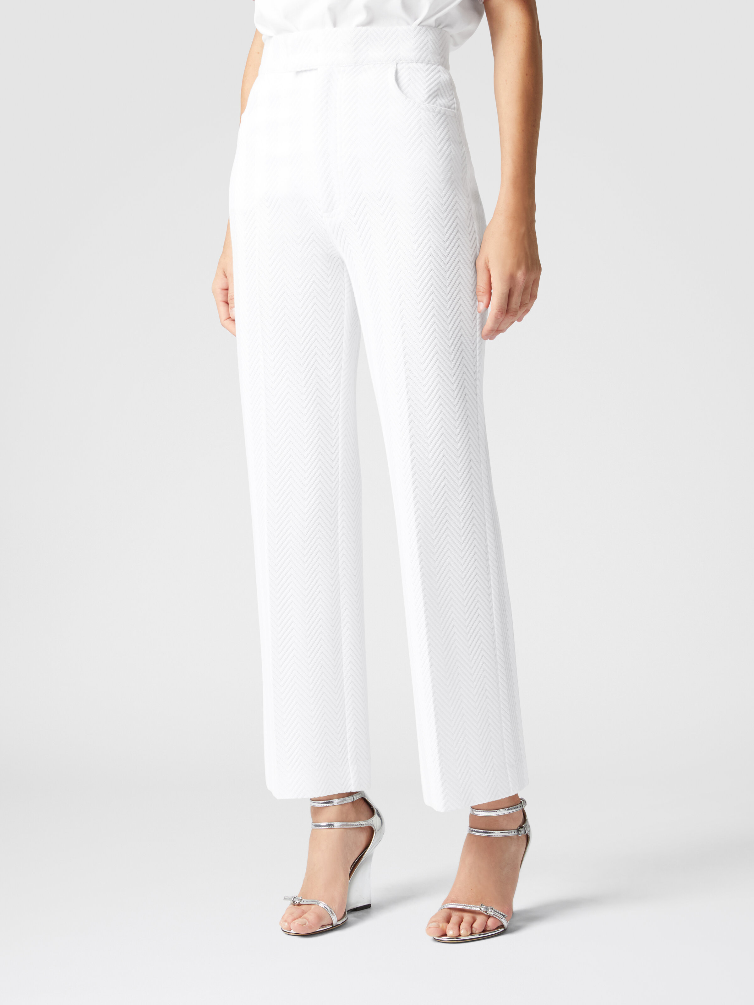 Classic trousers in cotton and zigzag viscose with cropped hem, White  - 3