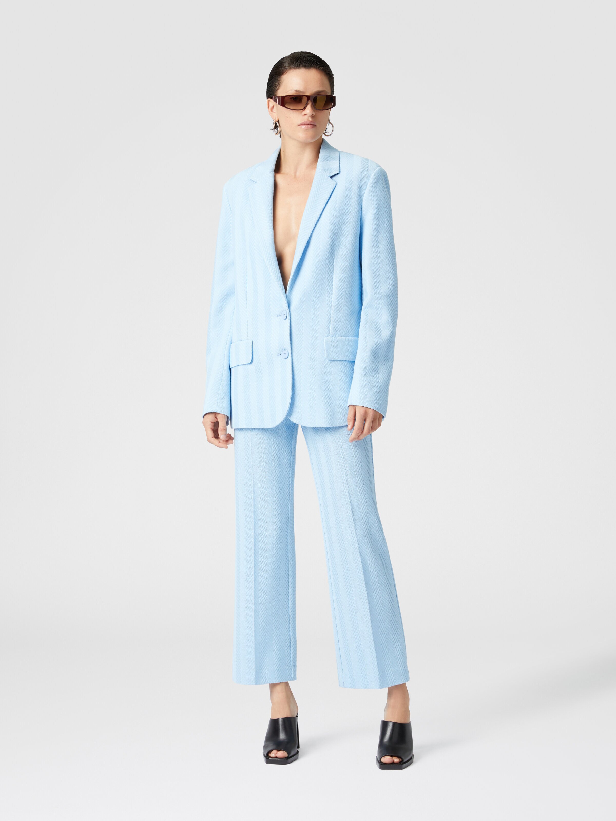 Classic trousers in cotton and zigzag viscose with cropped hem, Light Blue - 1
