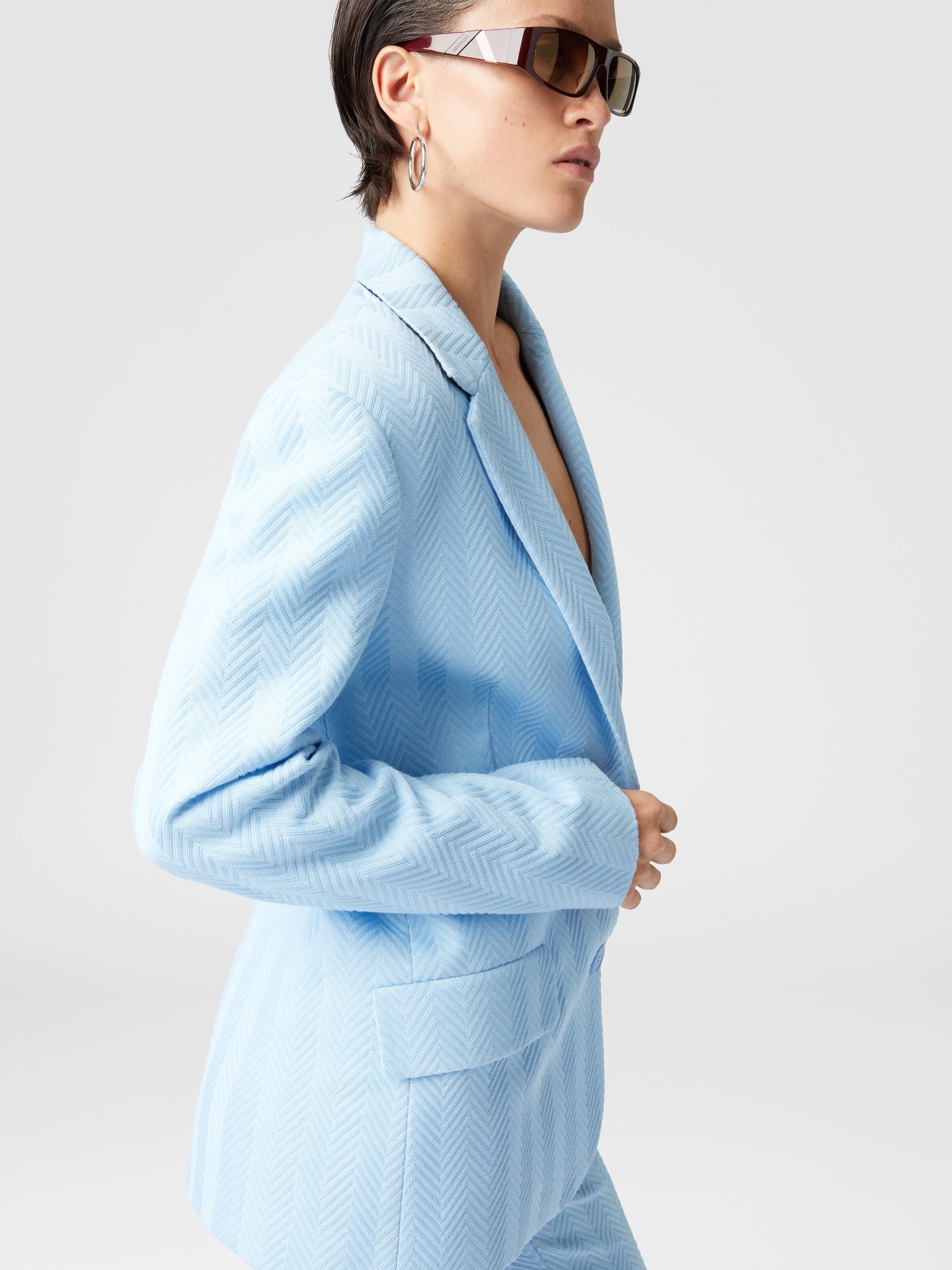 Classic trousers in cotton and zigzag viscose with cropped hem, Light Blue - 3