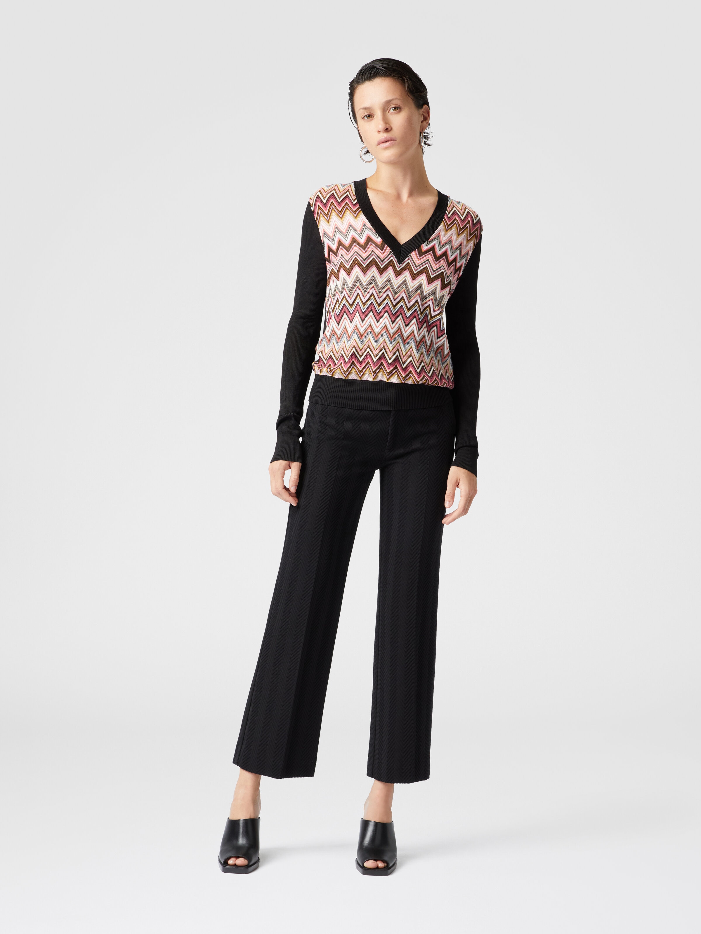 Classic trousers in cotton and zigzag viscose with cropped hem, Black - 1