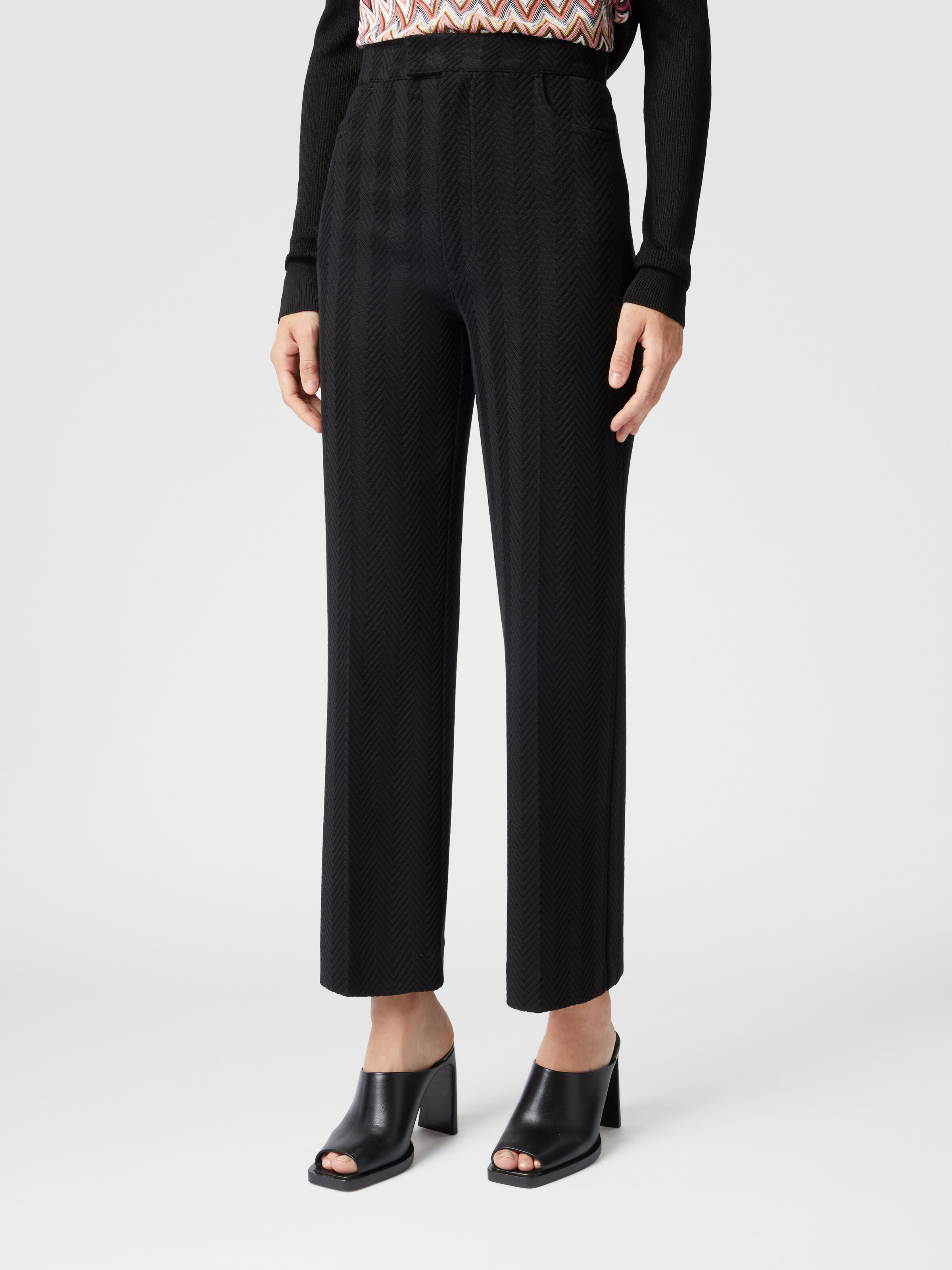 Classic trousers in cotton and zigzag viscose with cropped hem, Black - 3
