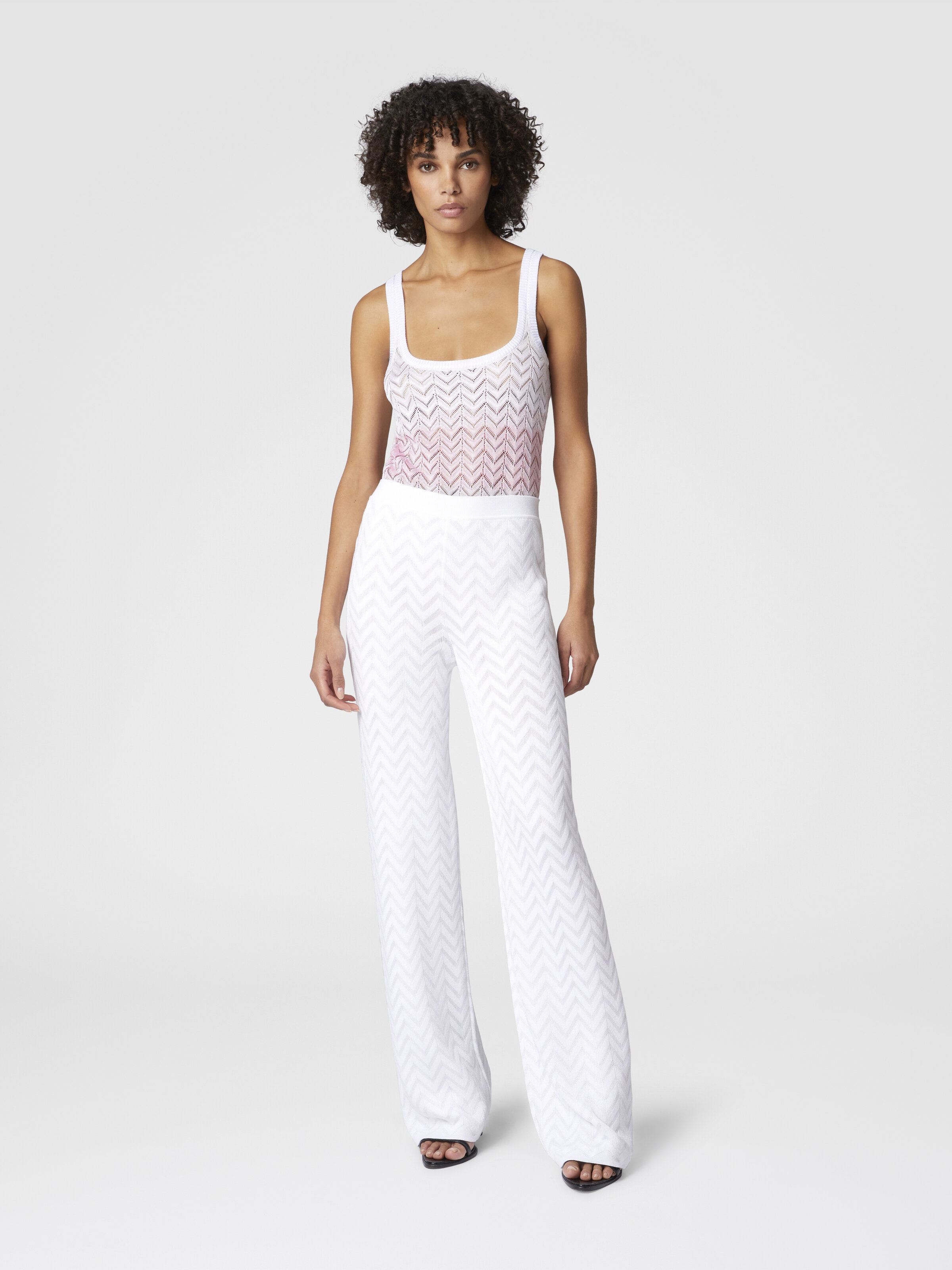 Tonal chevron pattern straight trousers, White  - 1