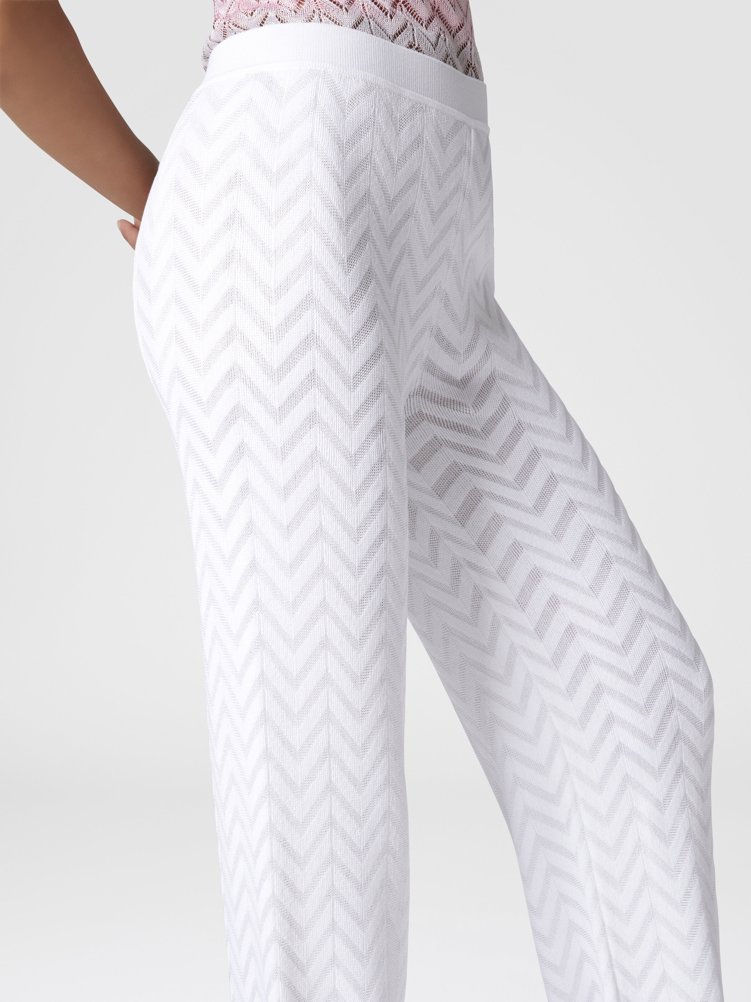 Tonal chevron pattern straight trousers, White  - 3