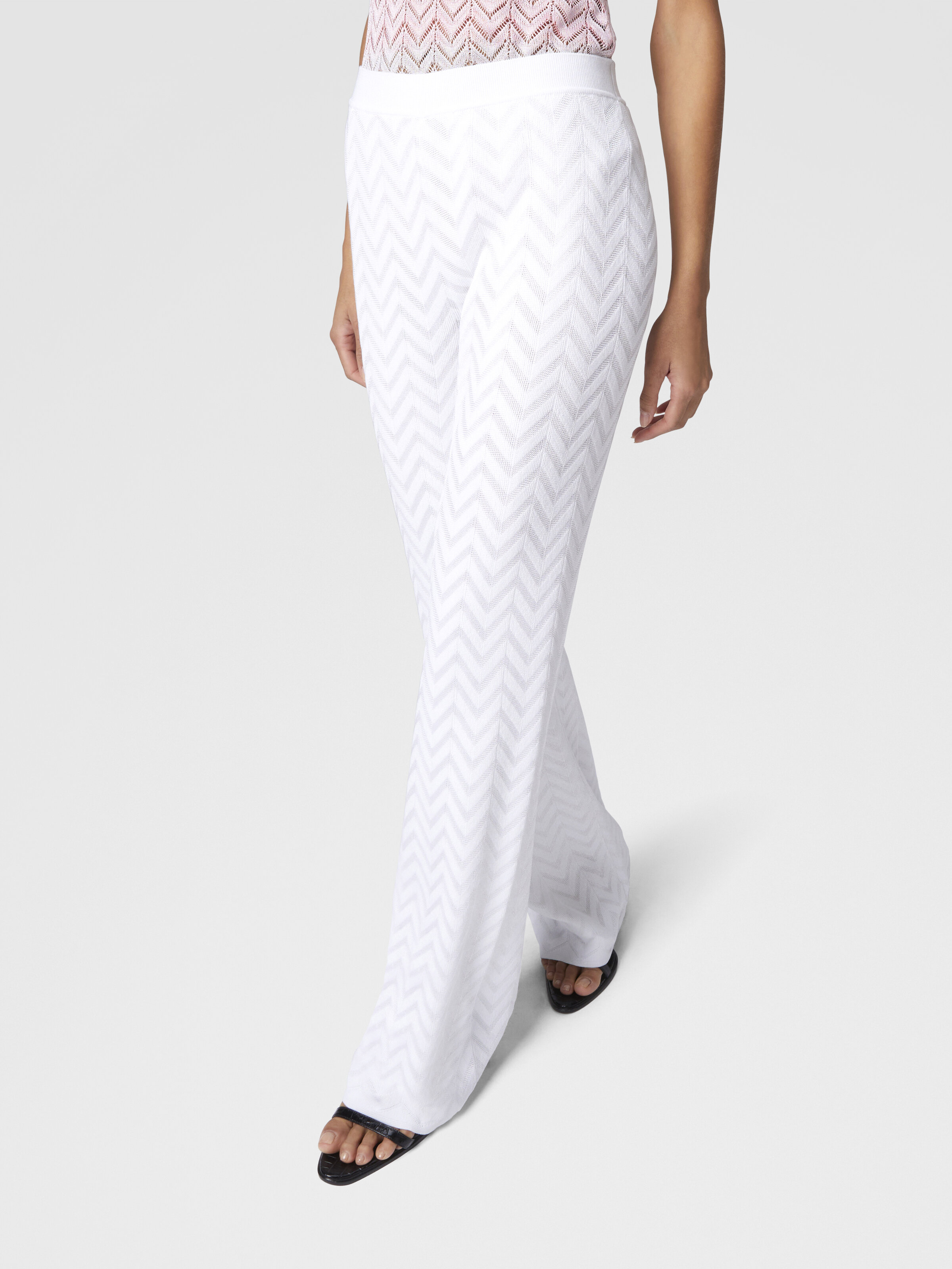 Tonal chevron pattern straight trousers, White  - 4