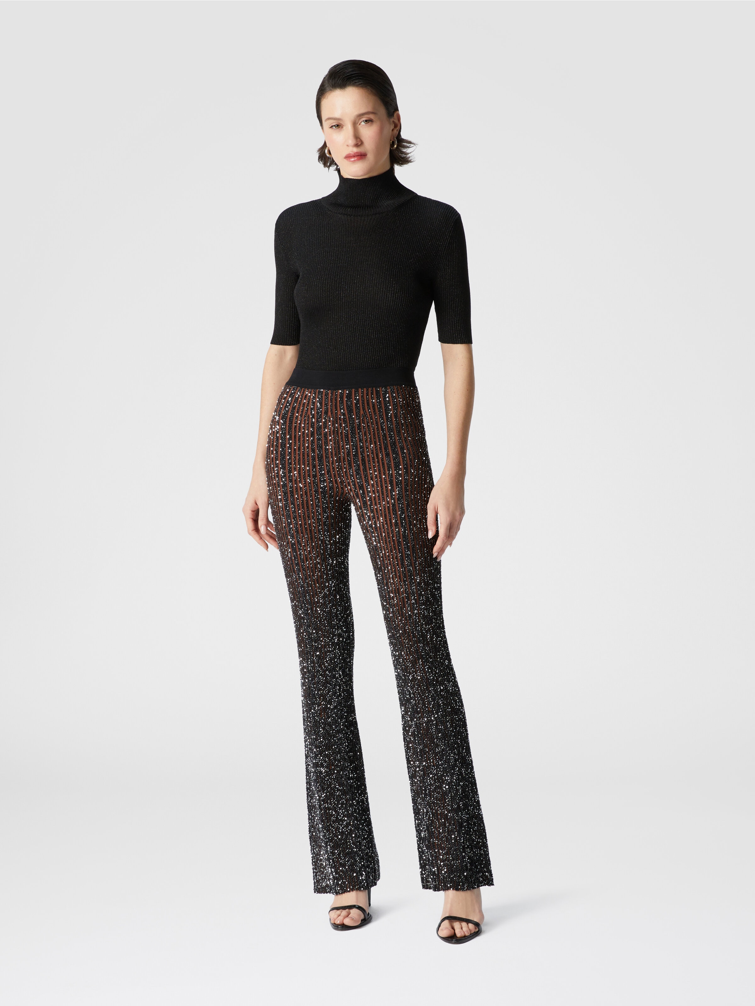 Ribbed stretch flared trousers with sequins, Black & Brown - 1