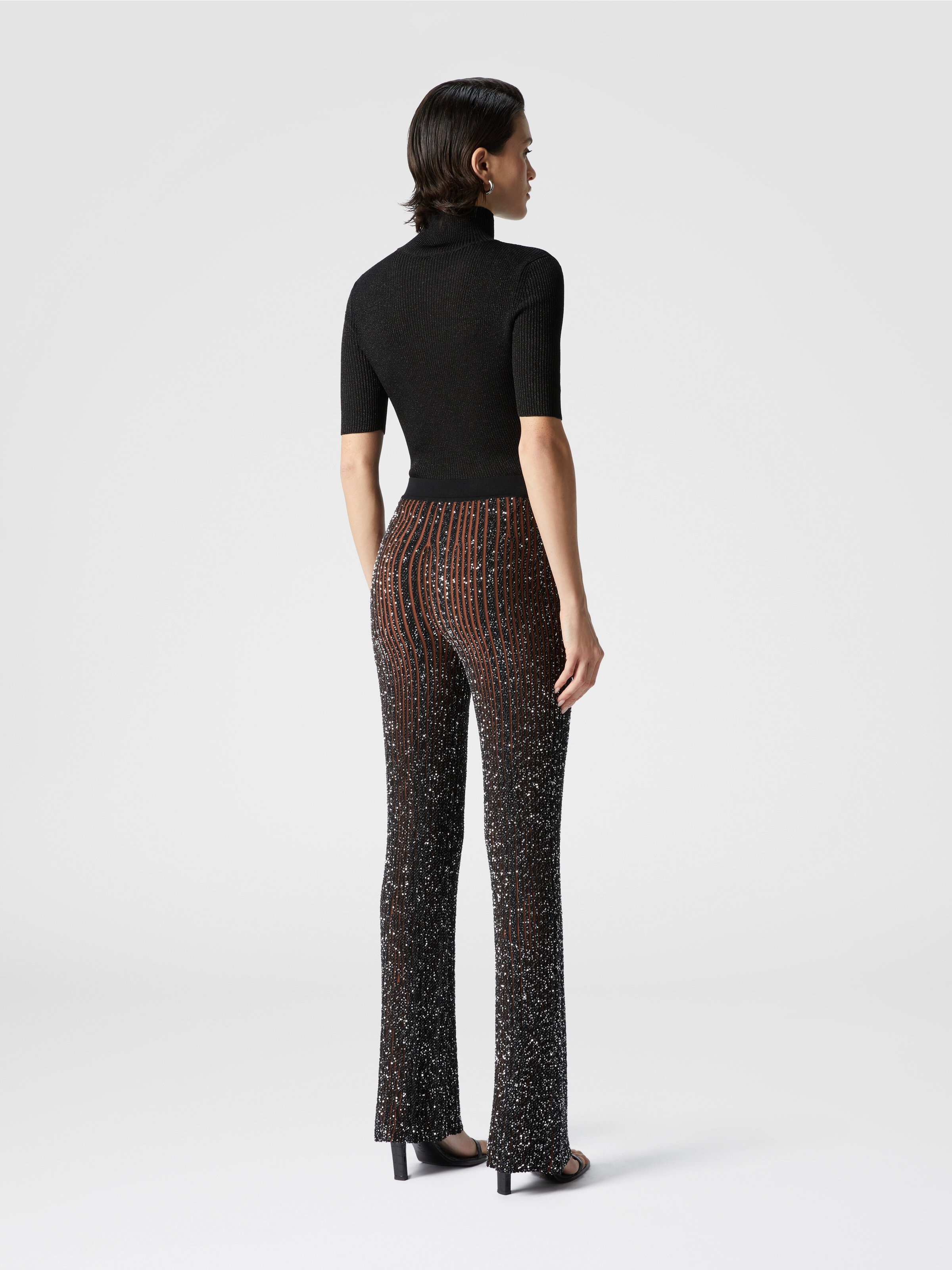 Ribbed stretch flared trousers with sequins, Black & Brown - 2
