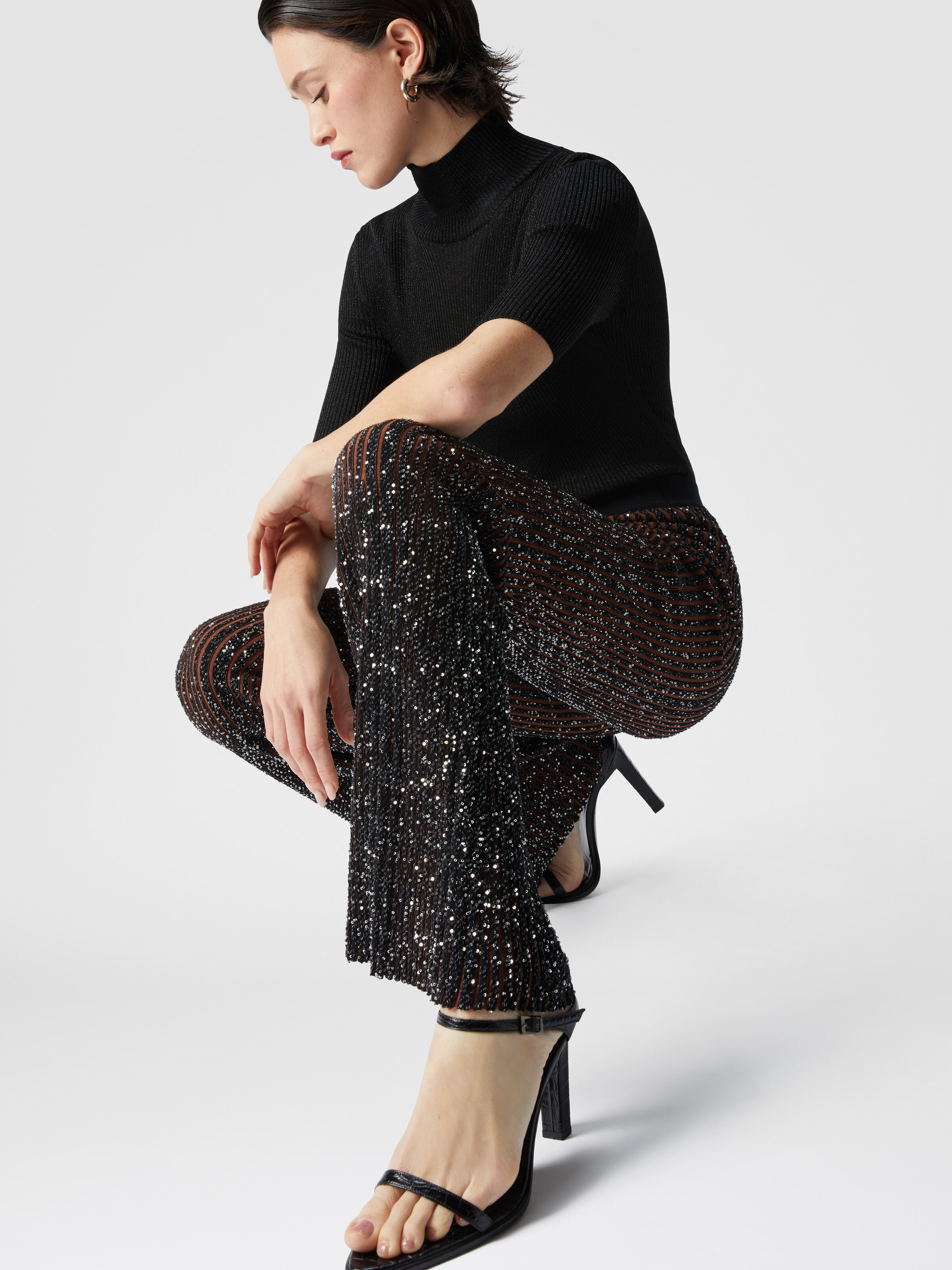 Ribbed stretch flared trousers with sequins, Black & Brown - 3